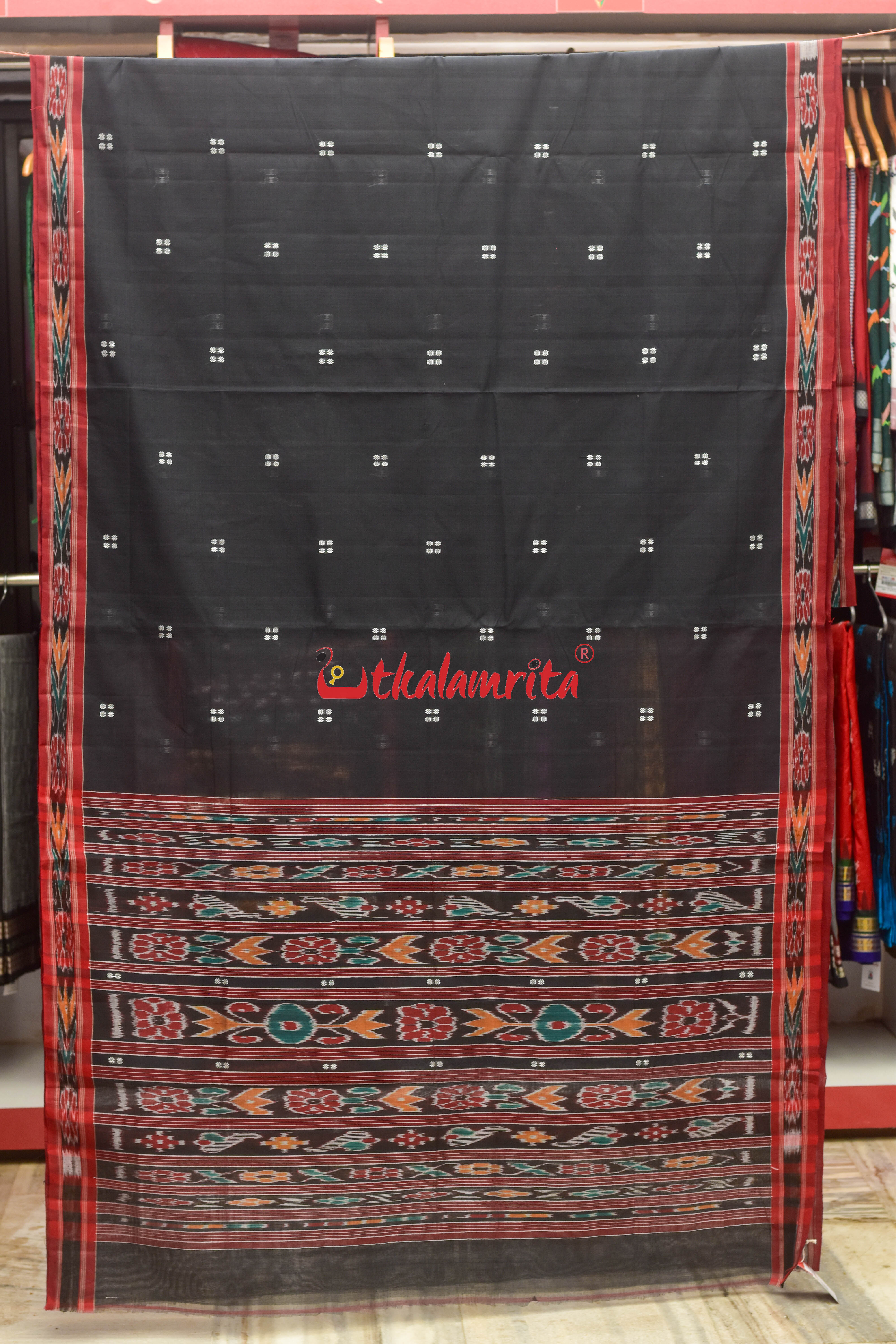 Black Red Pittala Single Cotton Saree