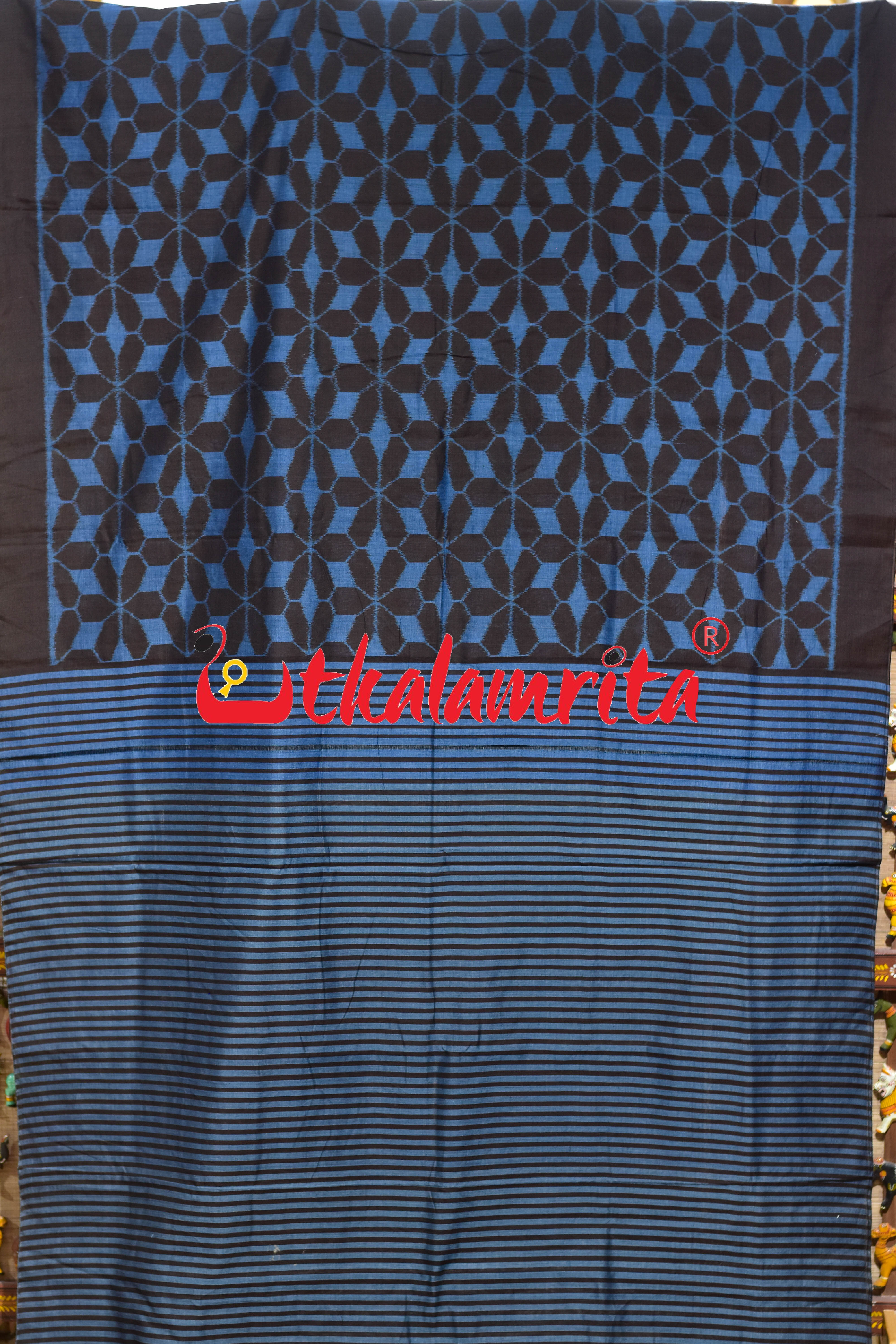 Hexagon Flower Coffee Blue Khandua Cotton Saree