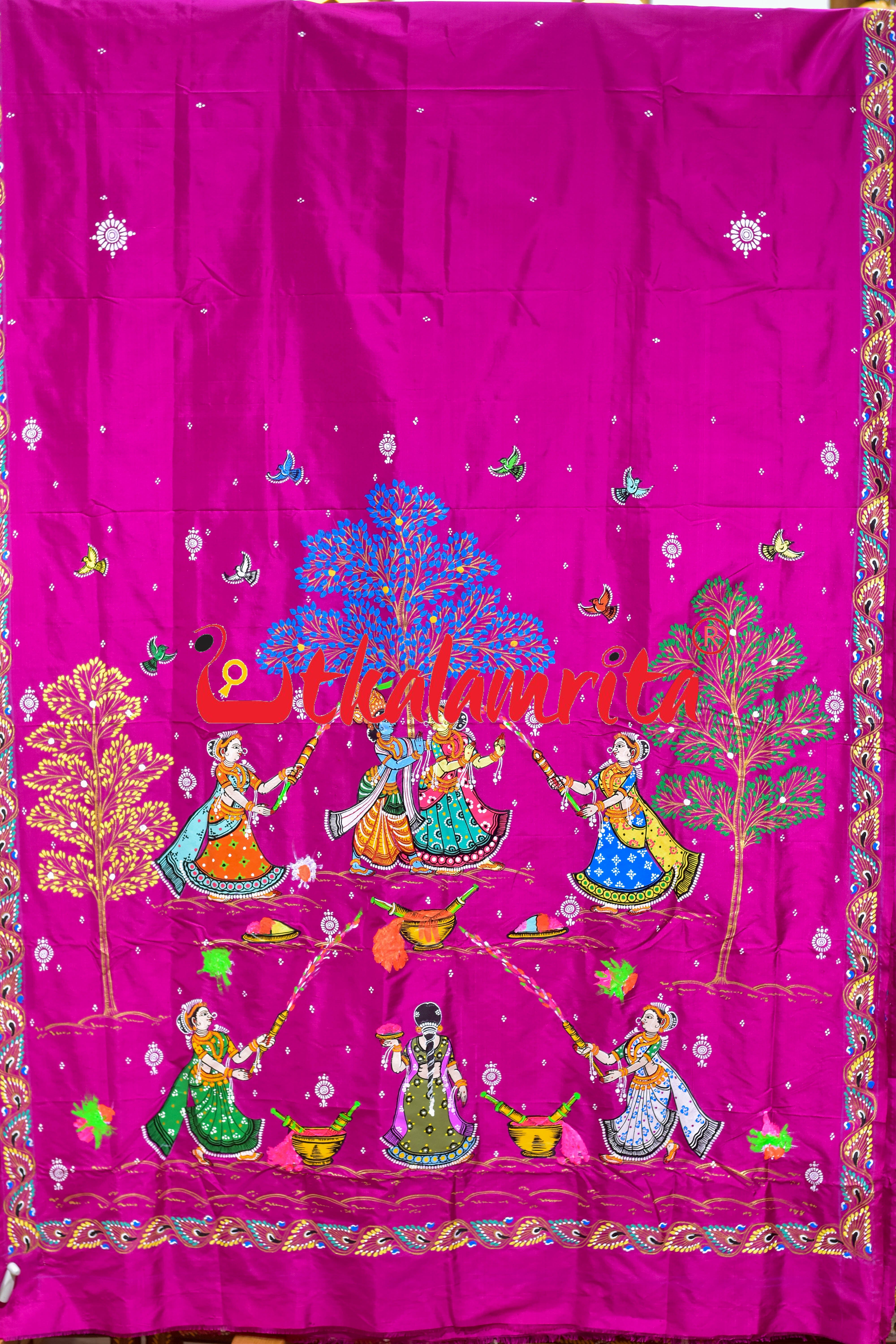 Pink Holi Theme Pattachitra Silk Saree