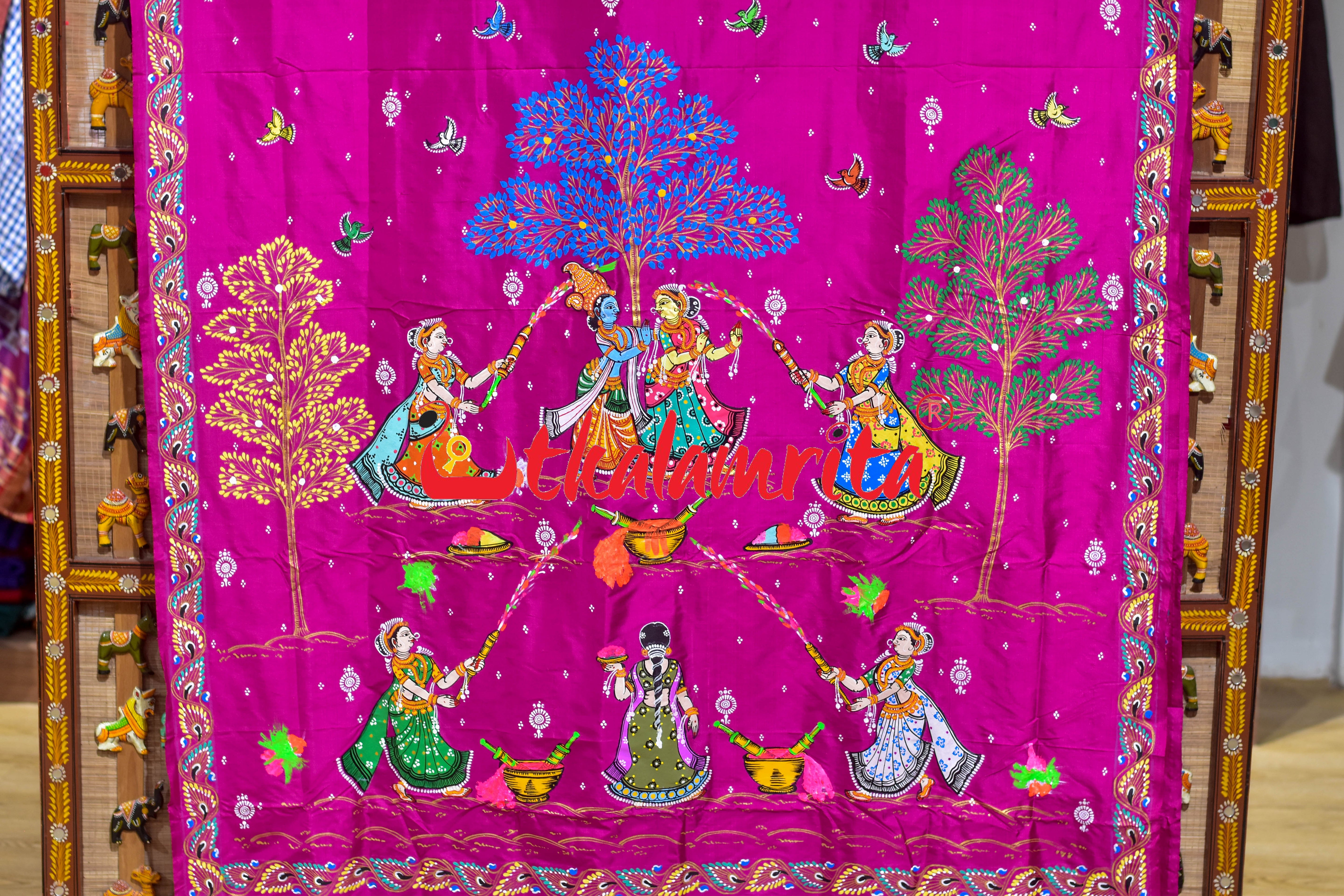 Pink Holi Theme Pattachitra Silk Saree
