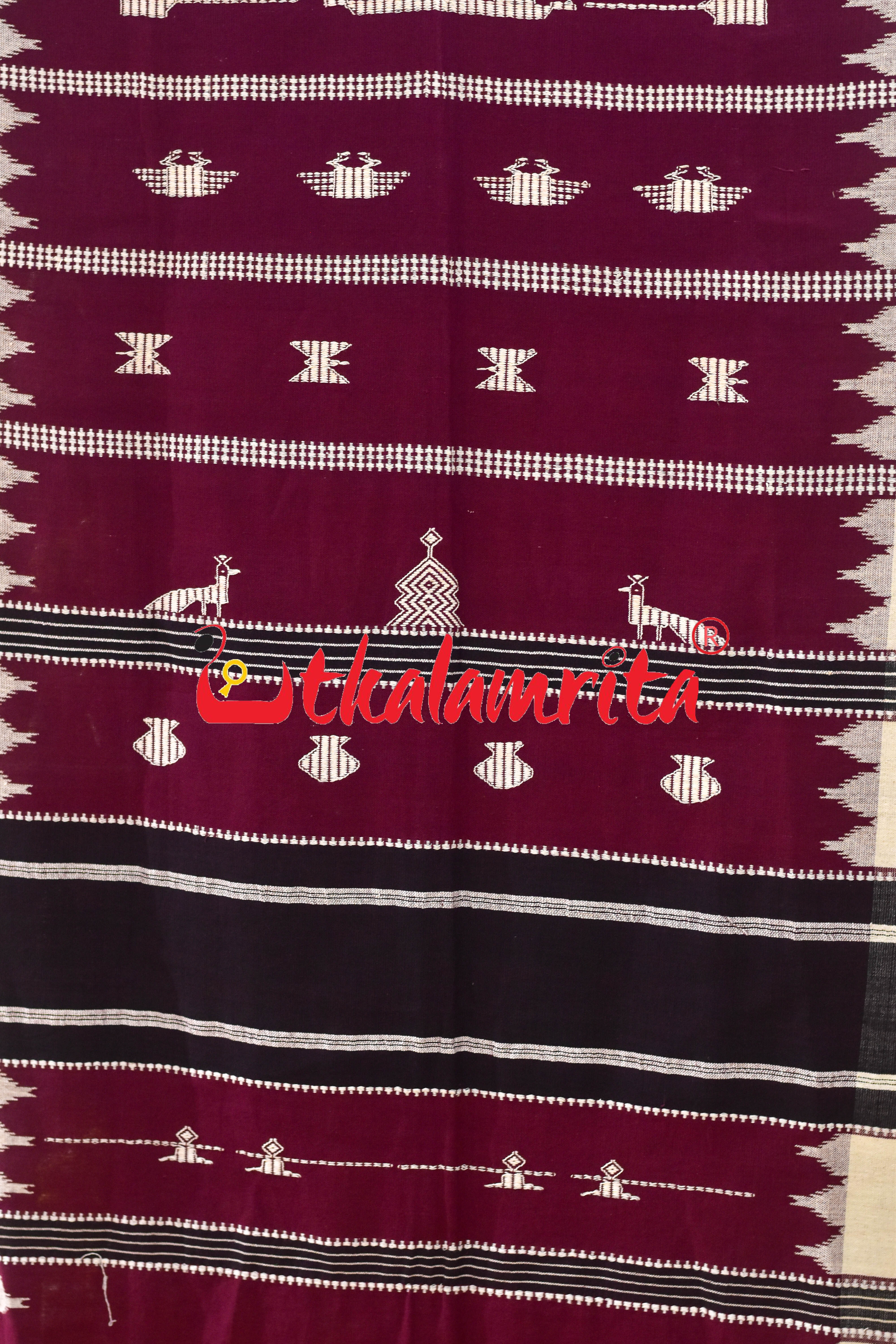 Maroon with Black Stripes Adibasi Kotpad (Dupatta)