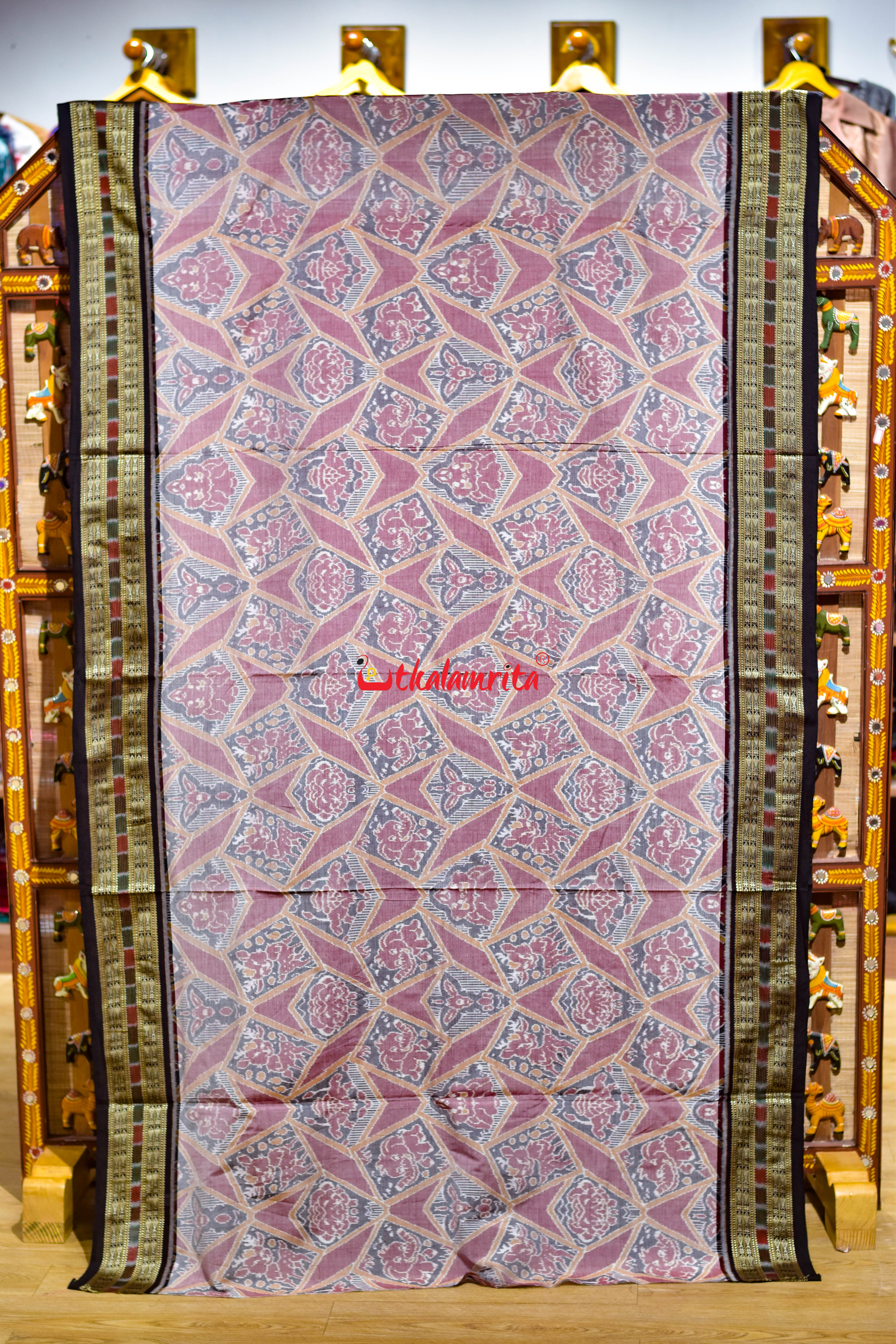 Pink Black baby Elephant Sambalpuri Cotton Saree