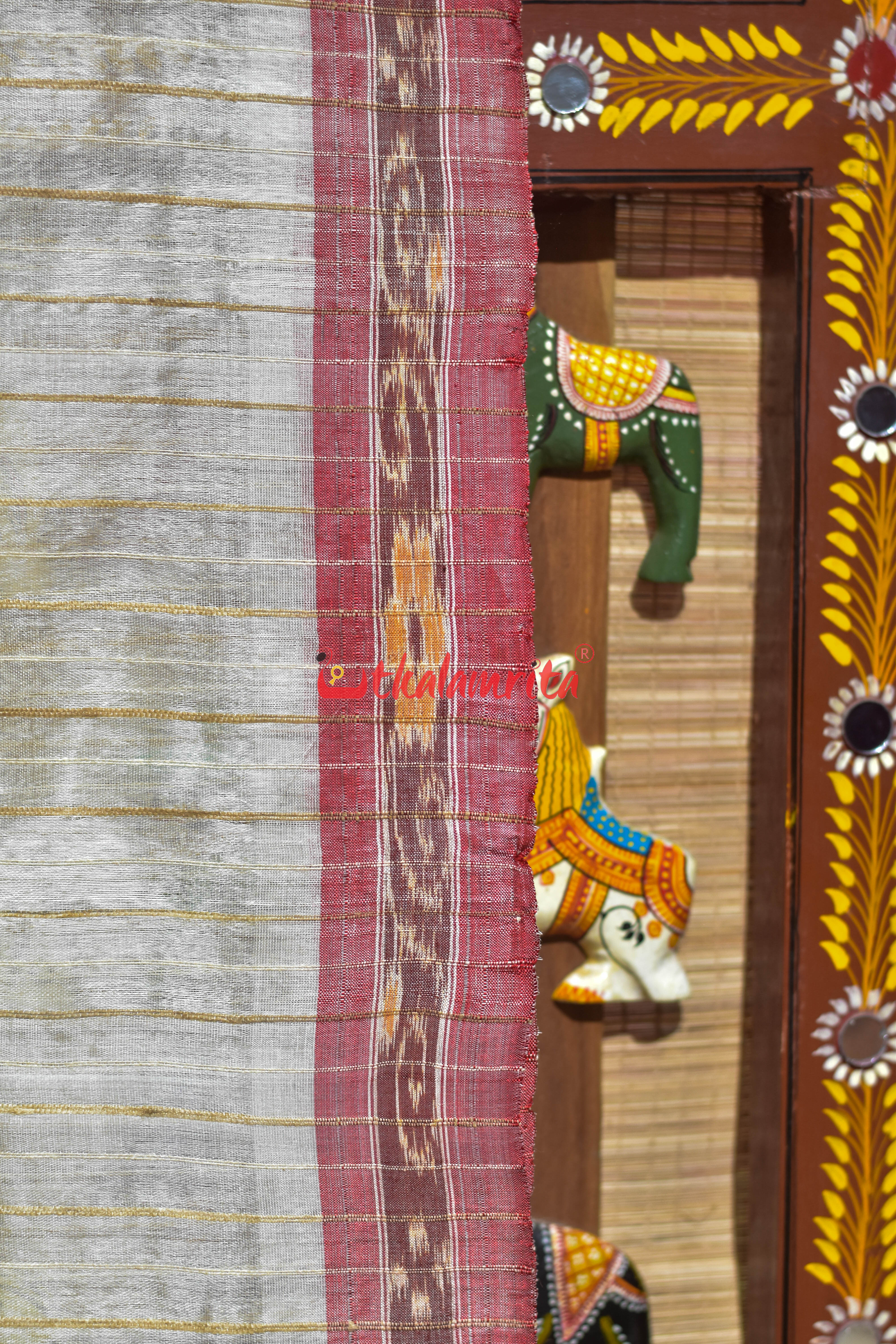 Off White Eri Mulberry Animal Anchal Khandua Silk Saree