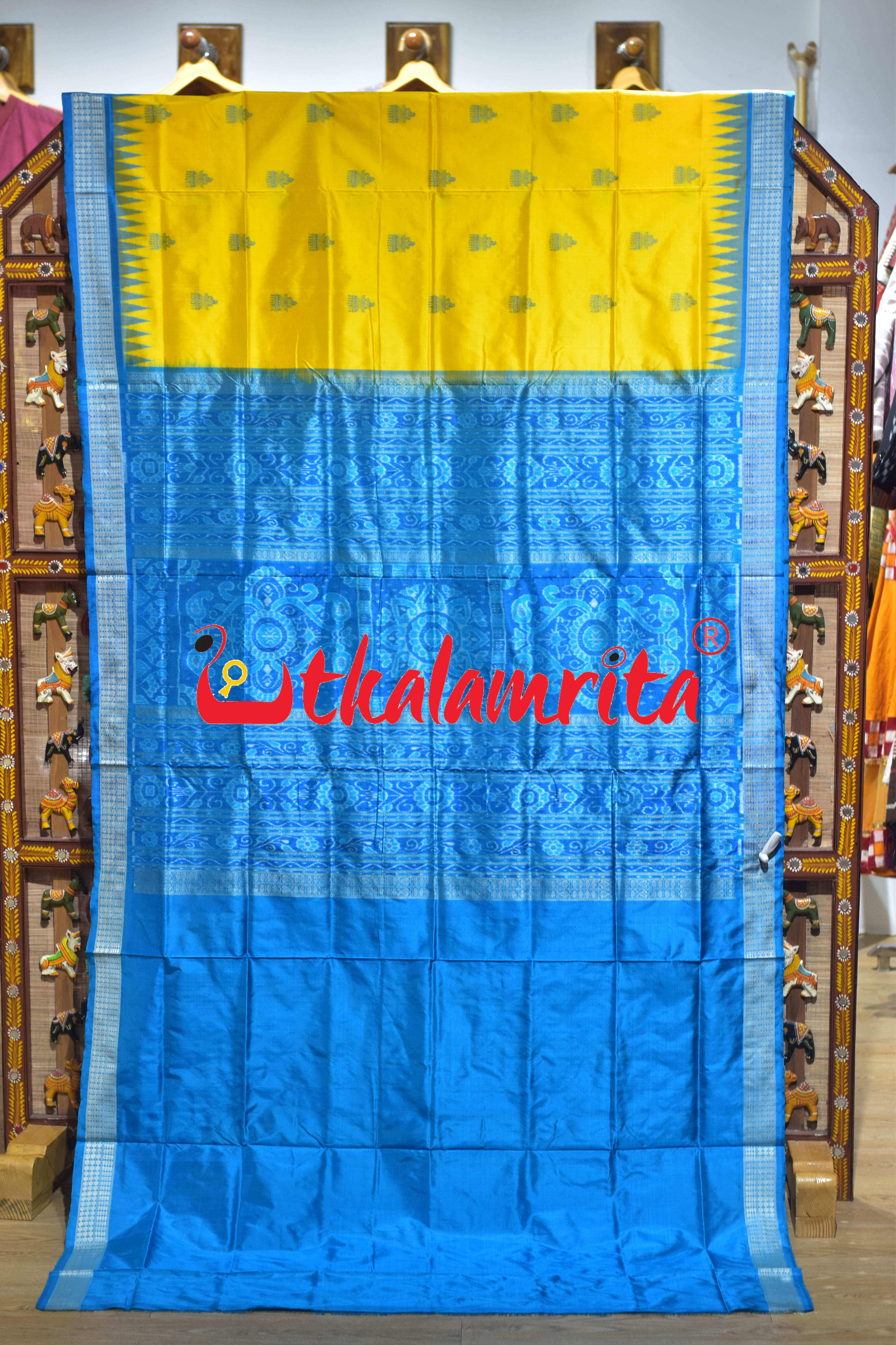 Yellow Copper Sulphate Jhumka Bomkai Silk Saree