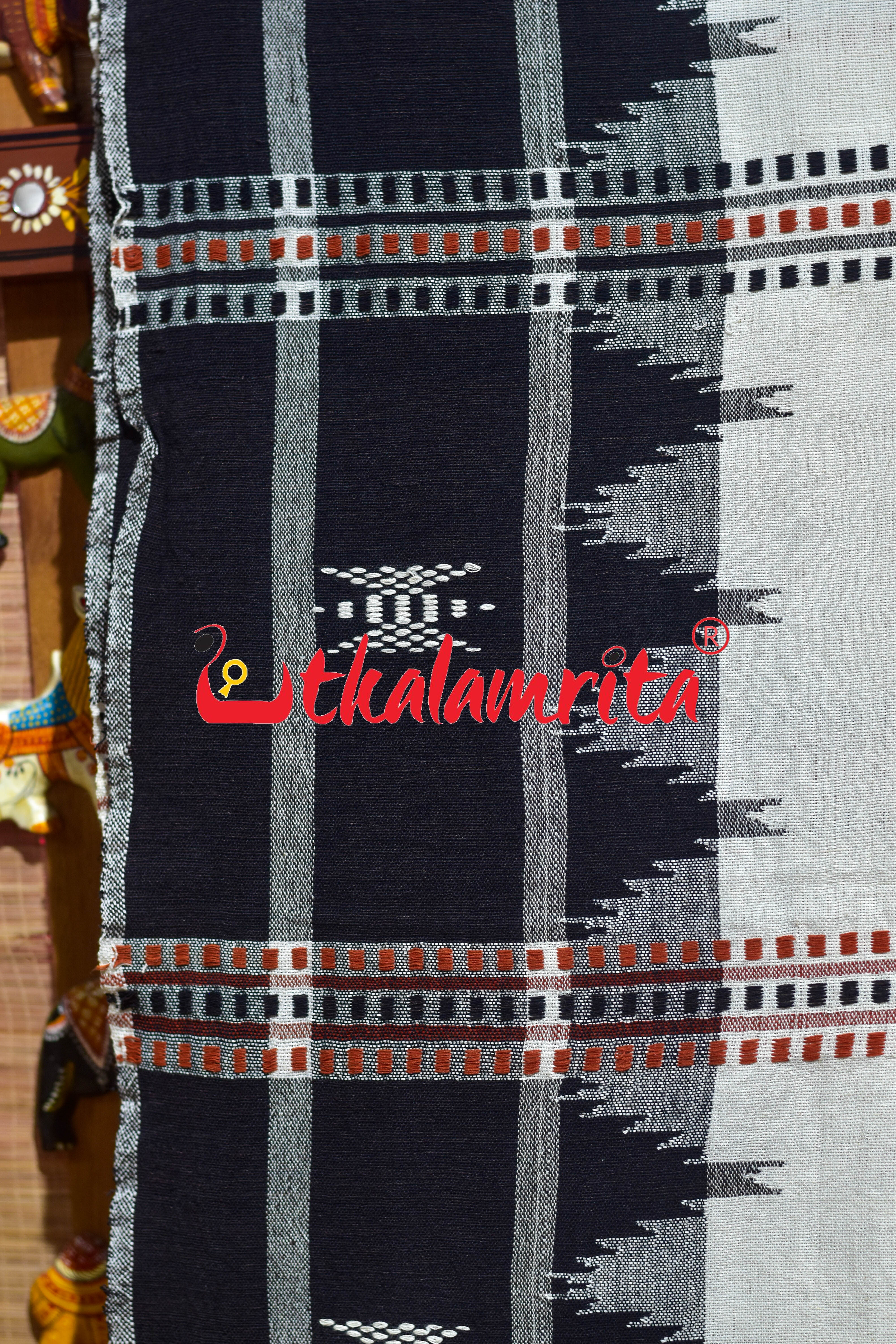 Off White Black Temple Design Kotpad Cotton Saree