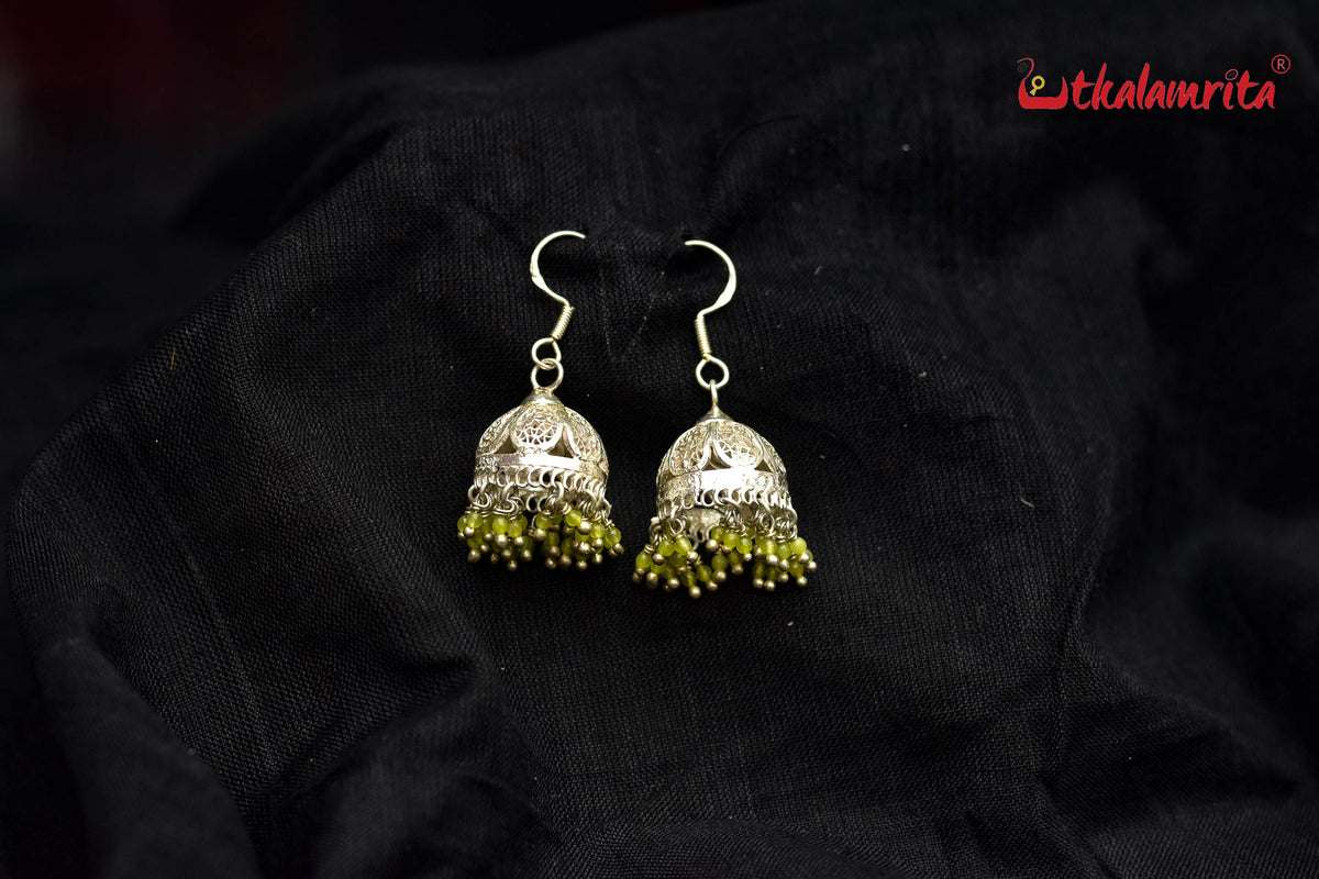 Silver Flower with Green Beads Jhumka