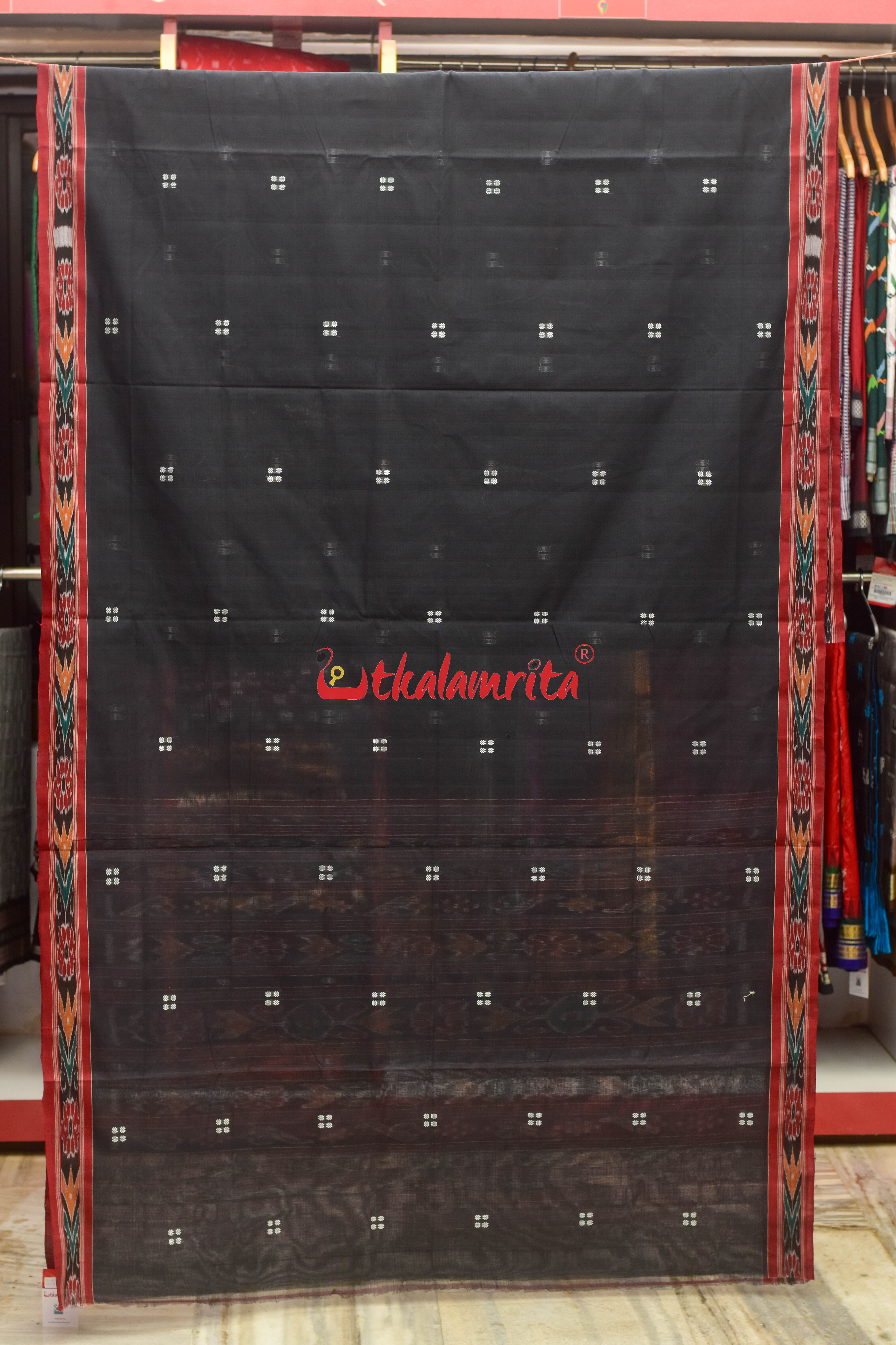 Black Red Pittala Single Cotton Saree