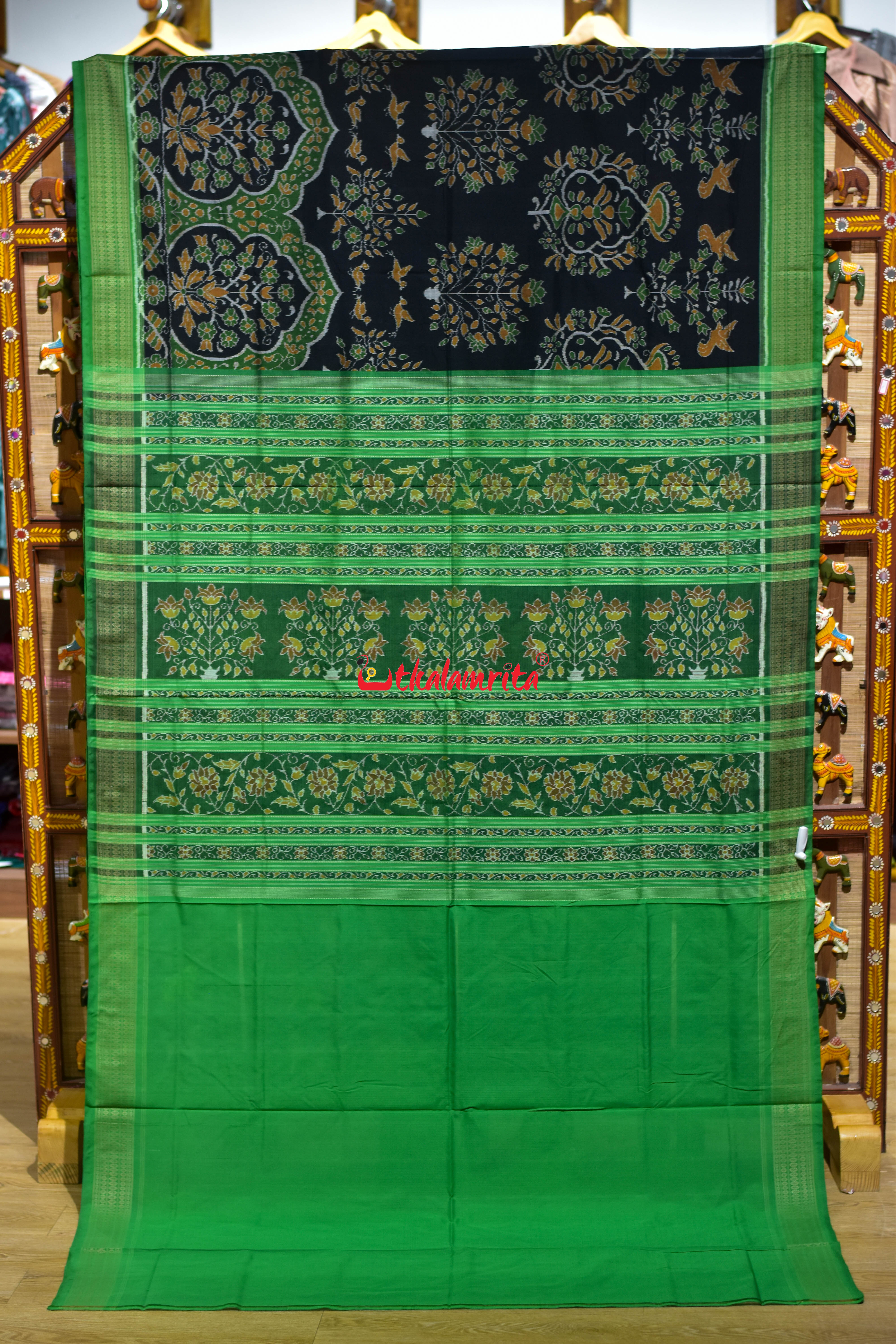 Black Green Chadhei Bana Sambalpuri Cotton Saree