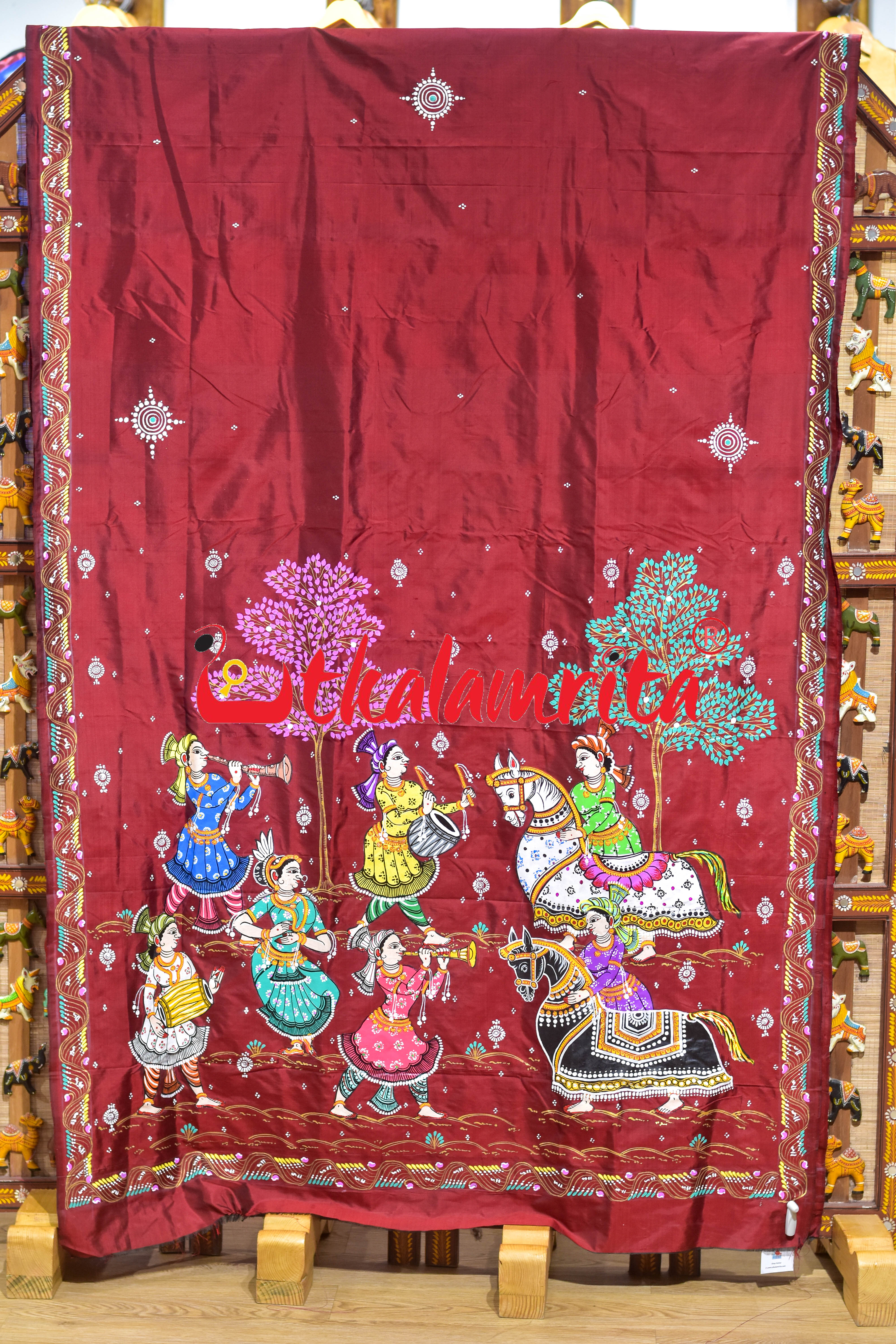 Maroon Double Ghoda Nacha Pattachitra Silk Saree