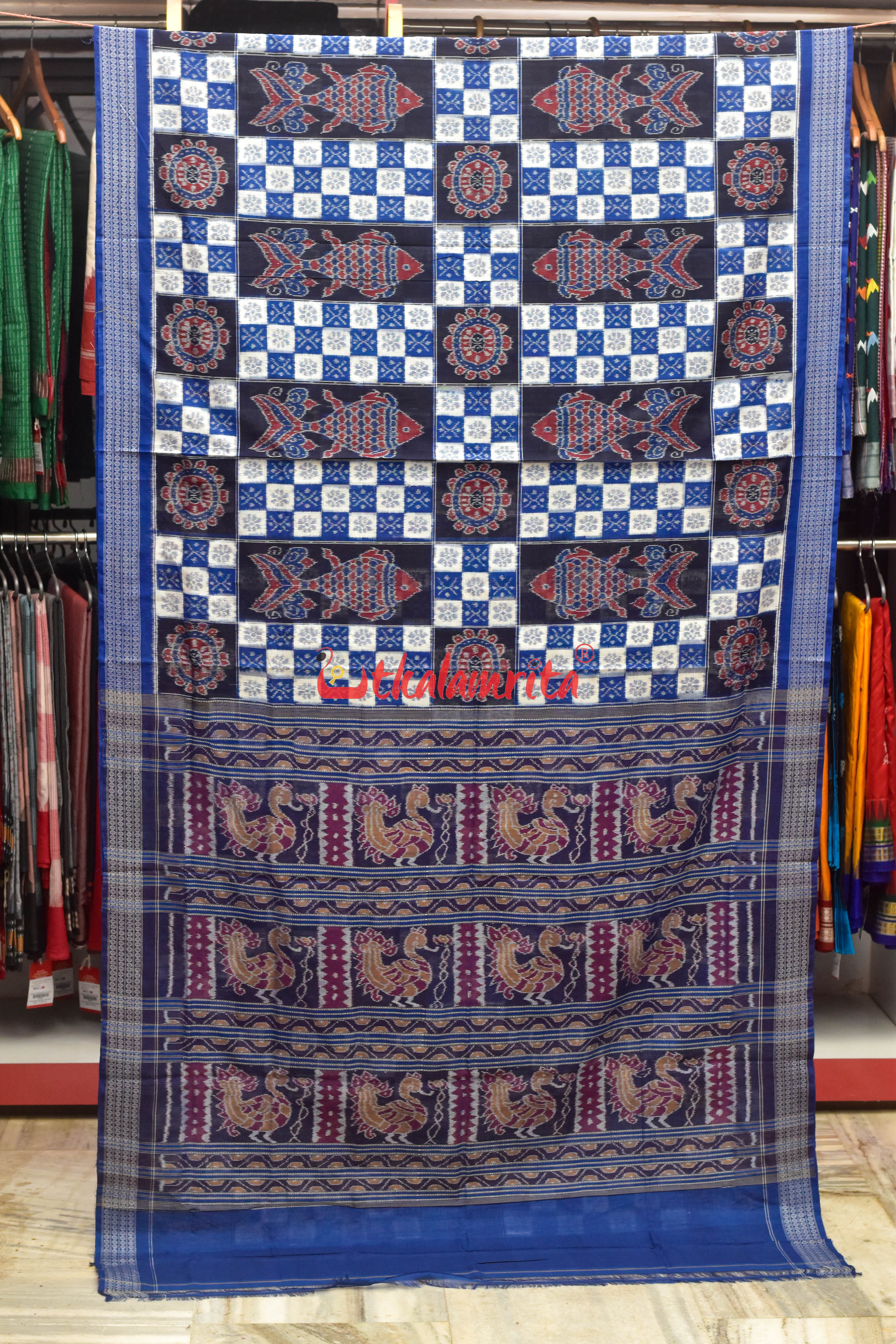 Blue White Fish Sambalpuri Cotton Saree