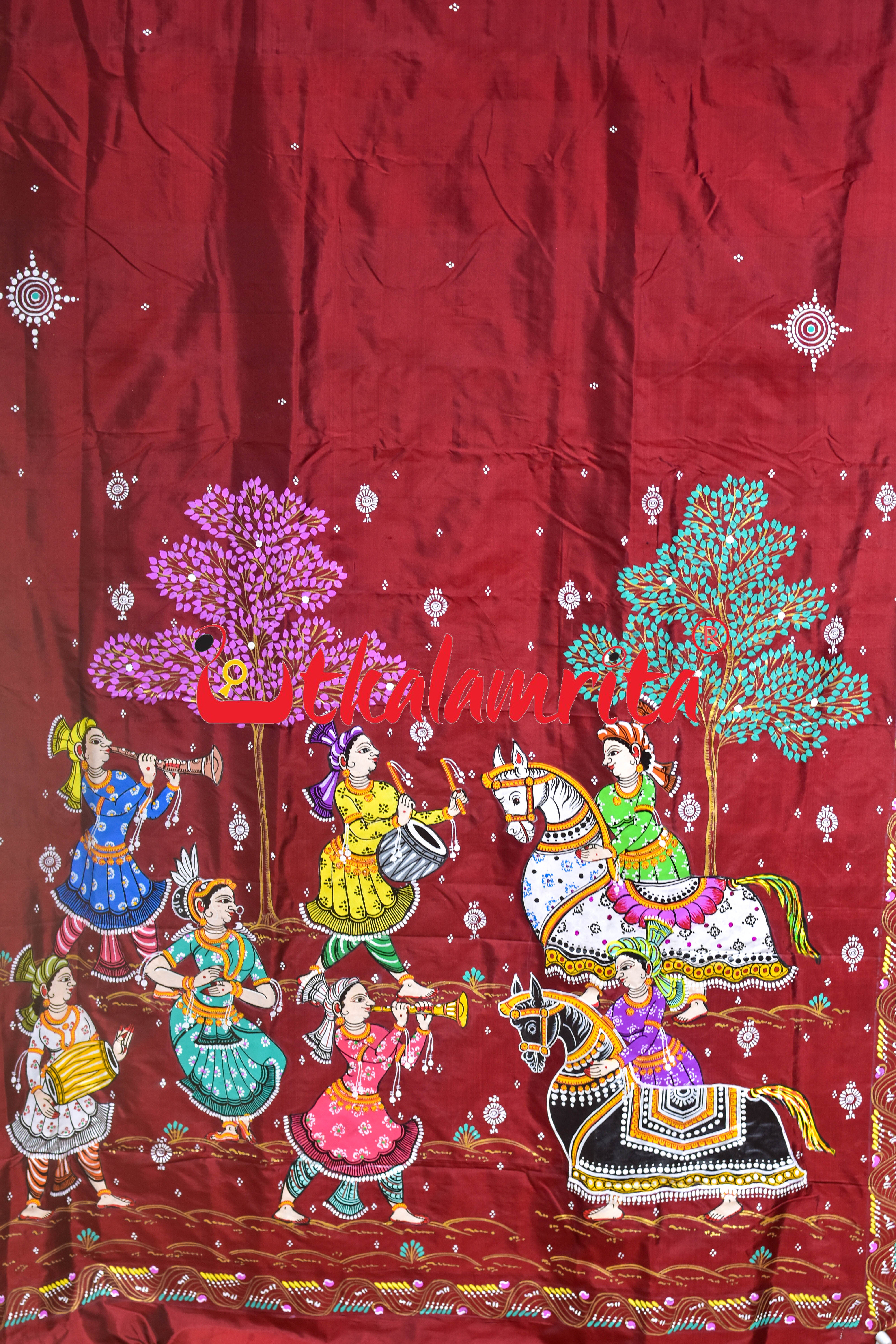 Maroon Double Ghoda Nacha Pattachitra Silk Saree