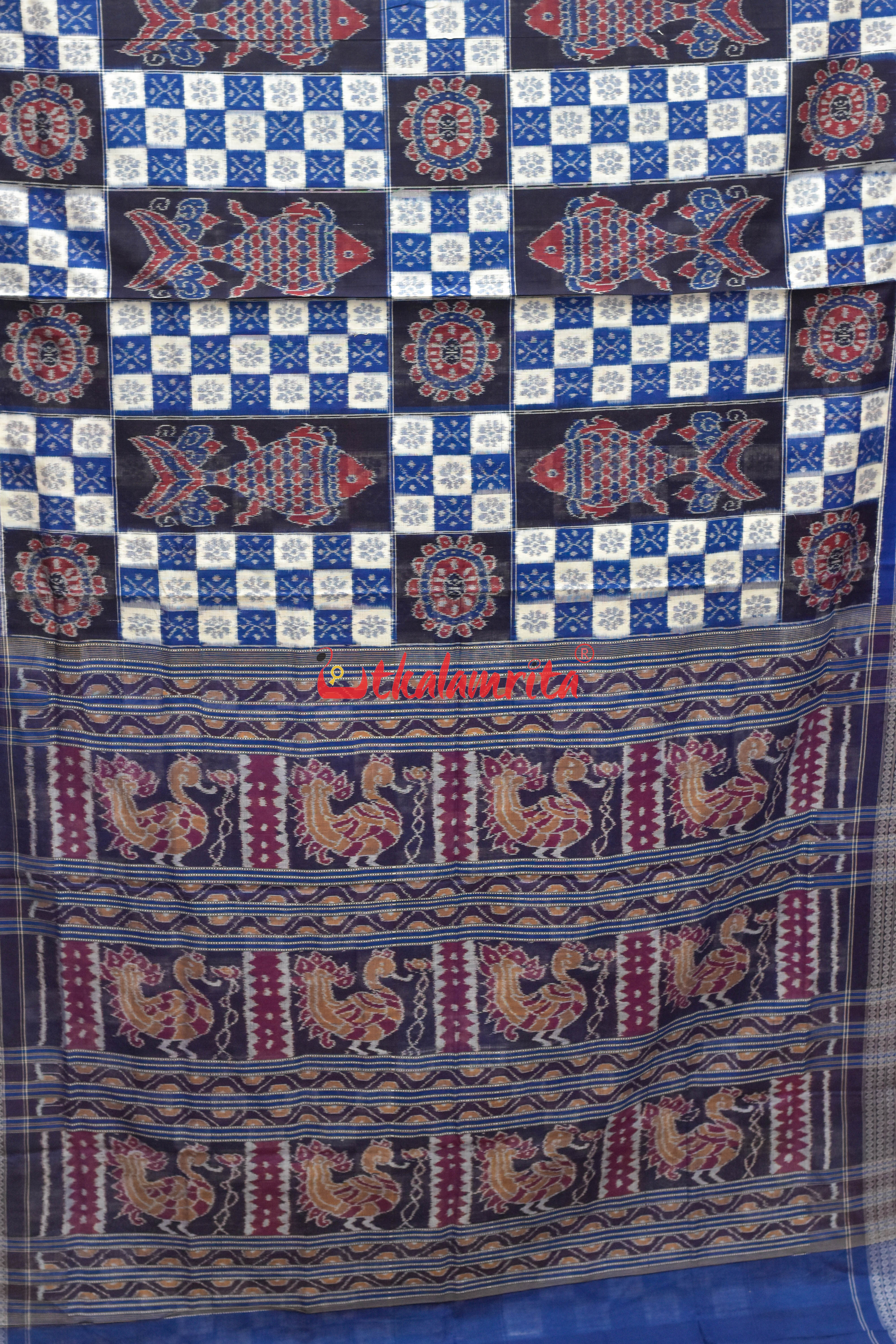 Blue White Fish Sambalpuri Cotton Saree