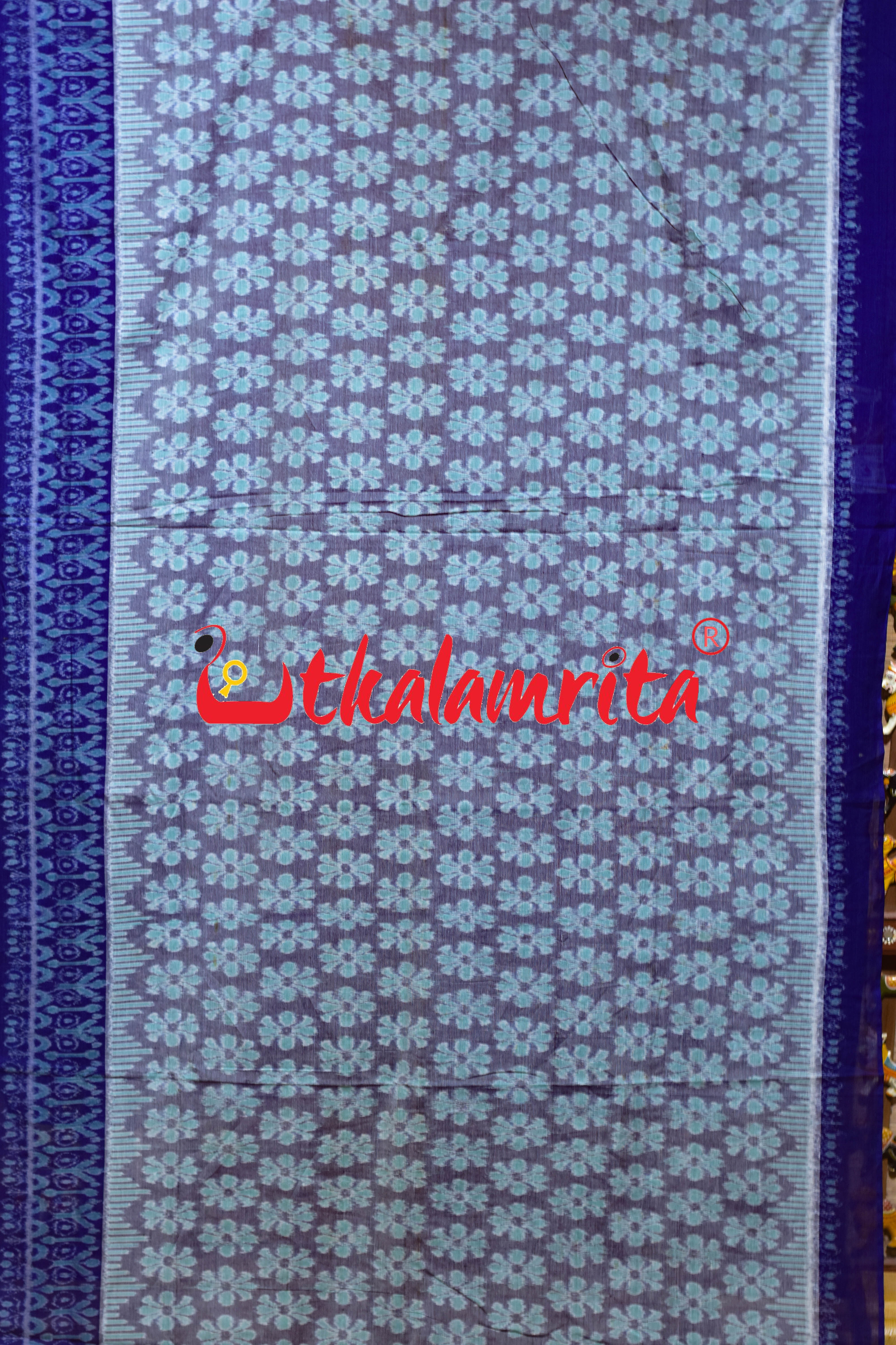 Grey Blue Flower Sambalpuri Cotton Saree