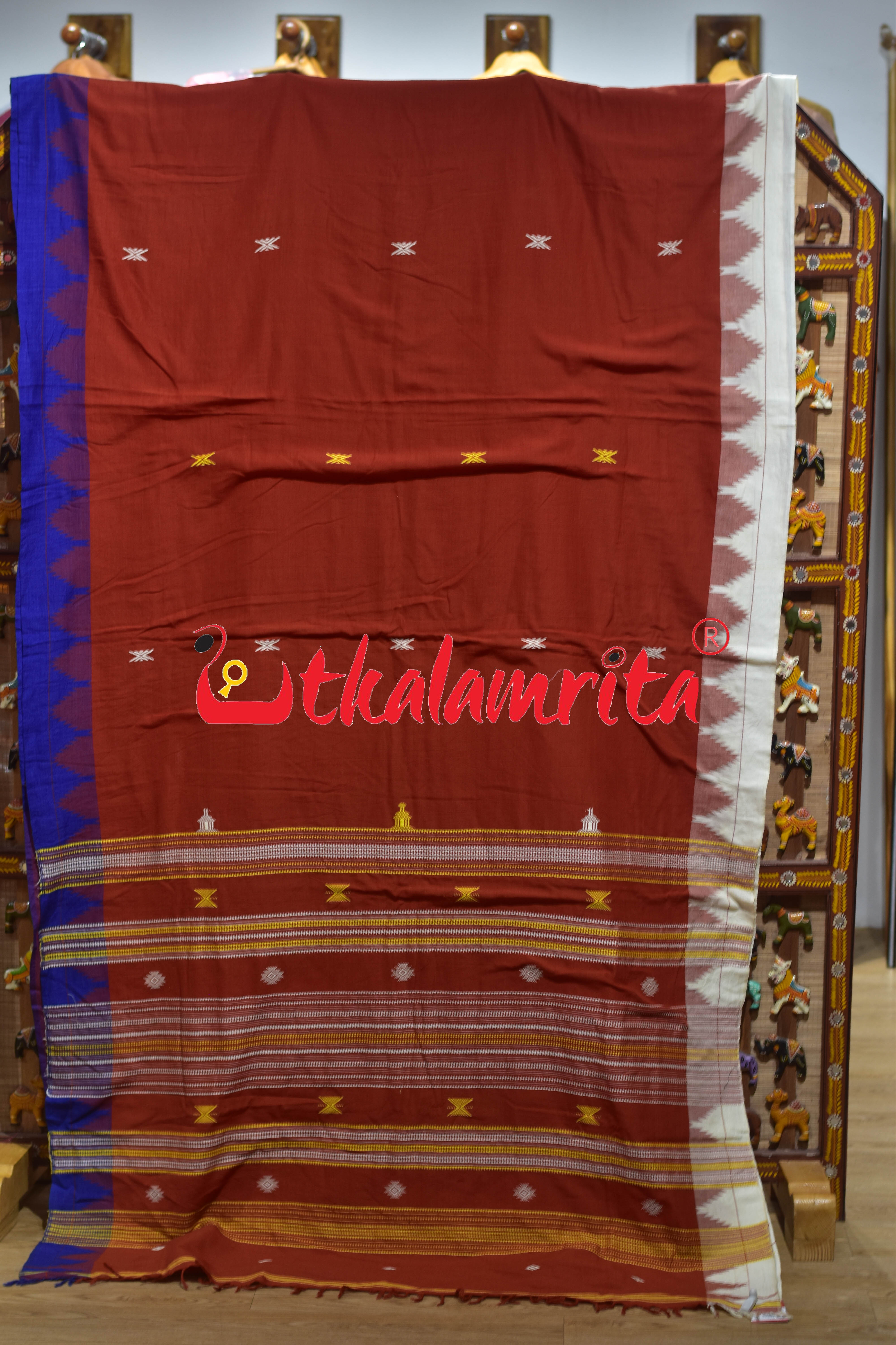 Rust Blue White Temple Border Tussar Kotpad Saree