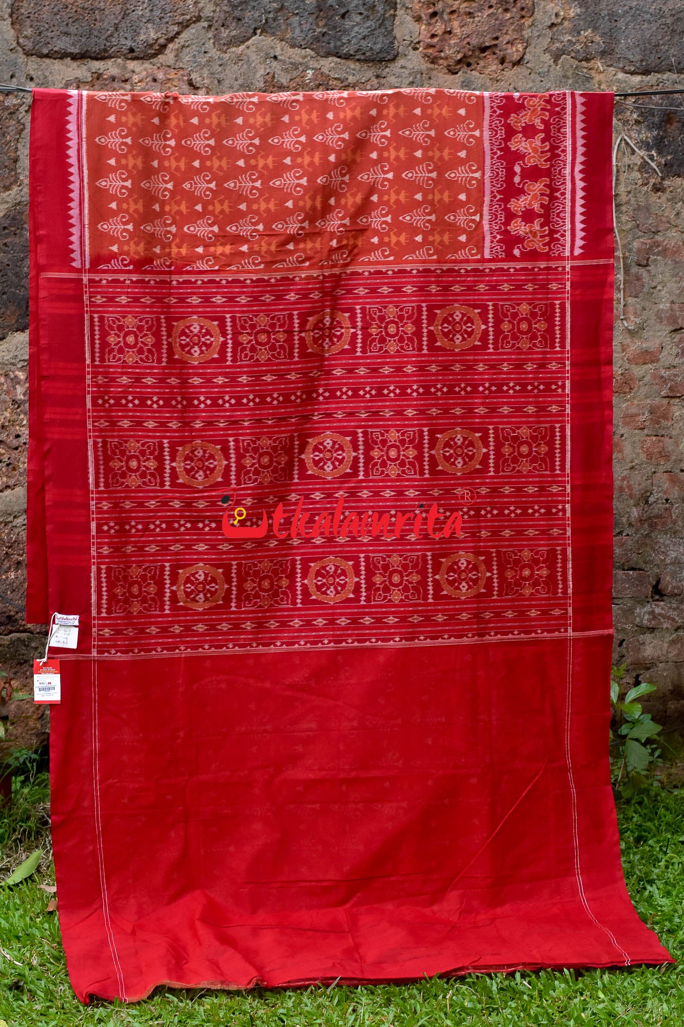 Lion Border Brown Red Sambalpuri Cotton Saree