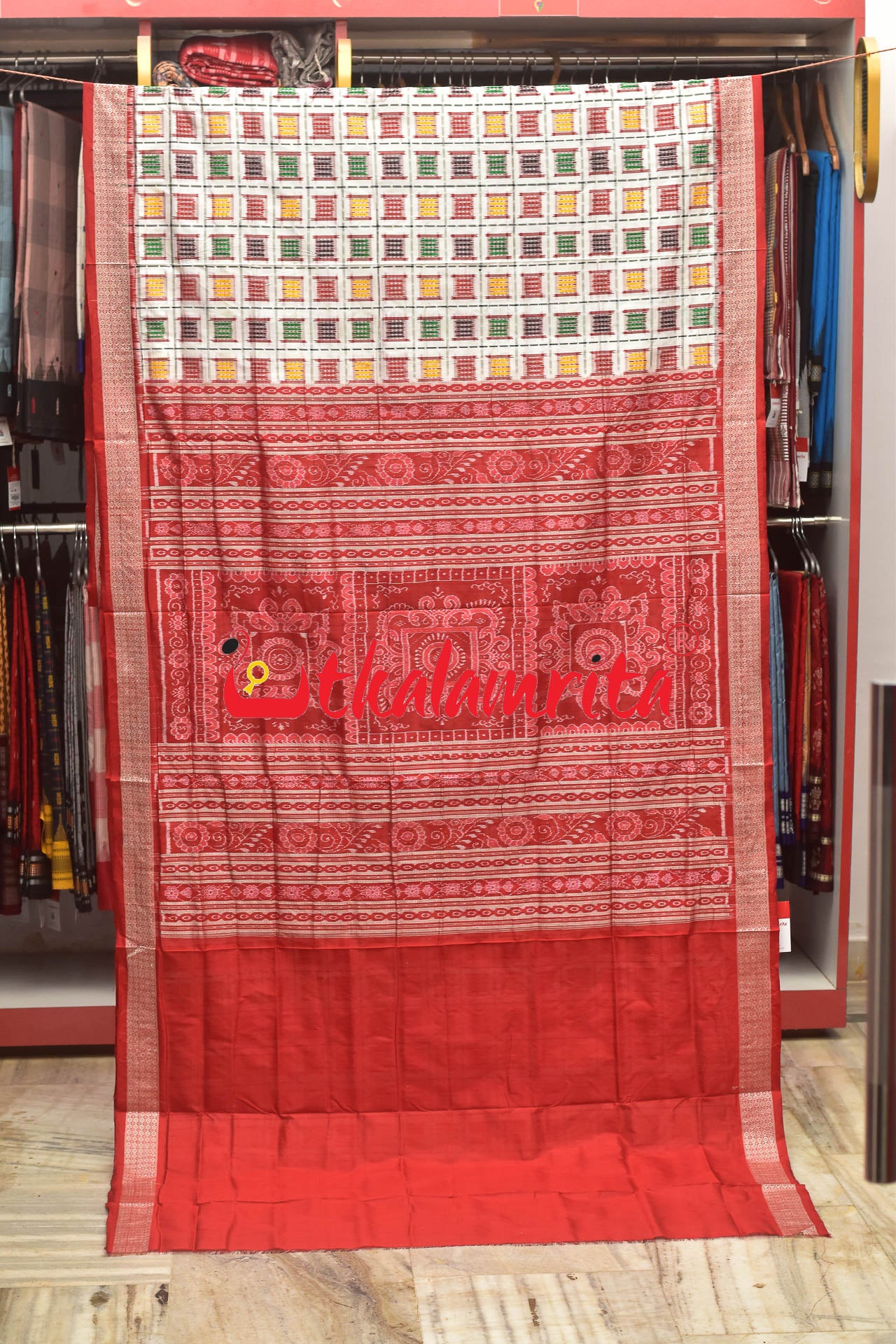 Mini Aswini White Red Sambalpuri Silk Saree