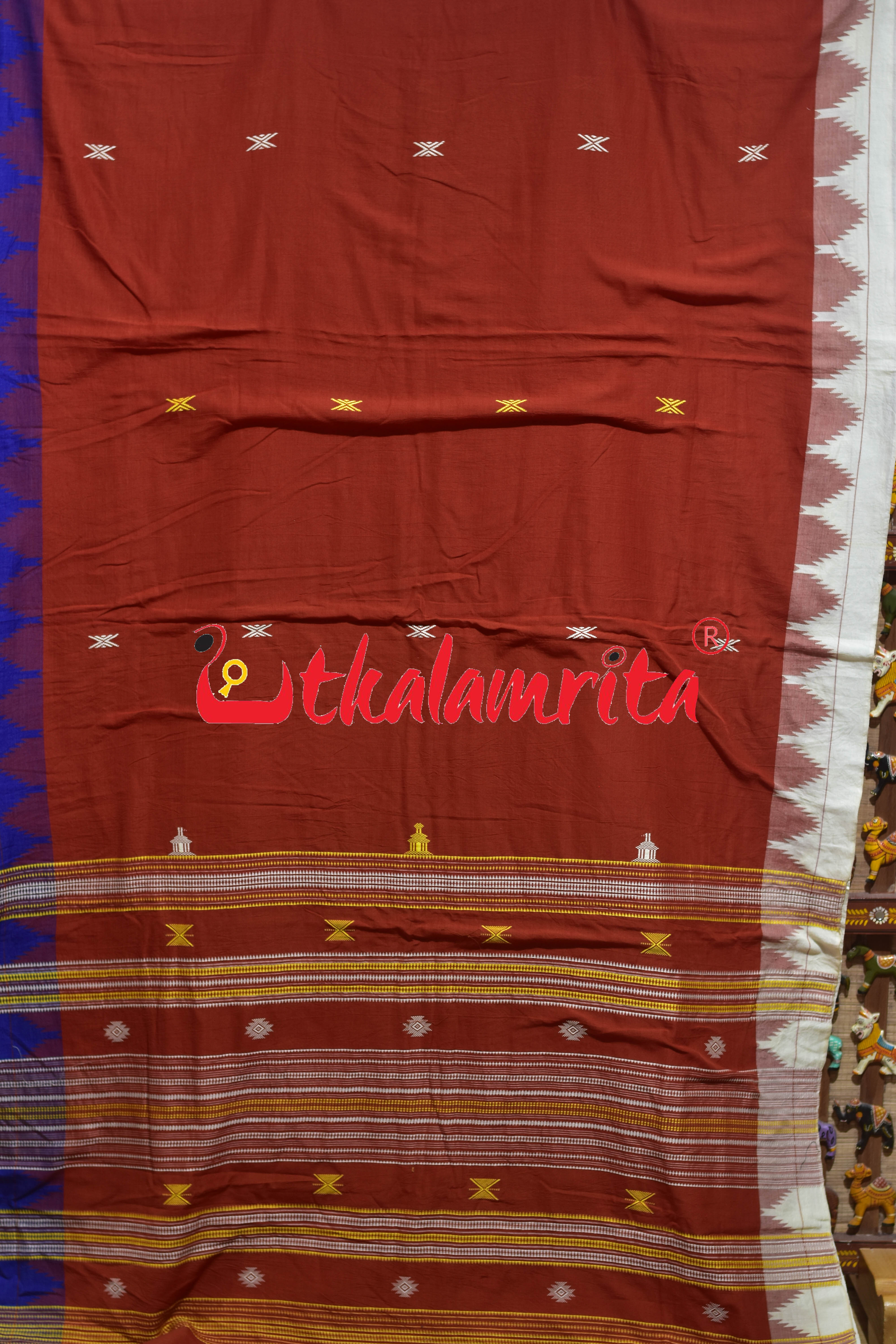 Rust Blue White Temple Border Tussar Kotpad Saree