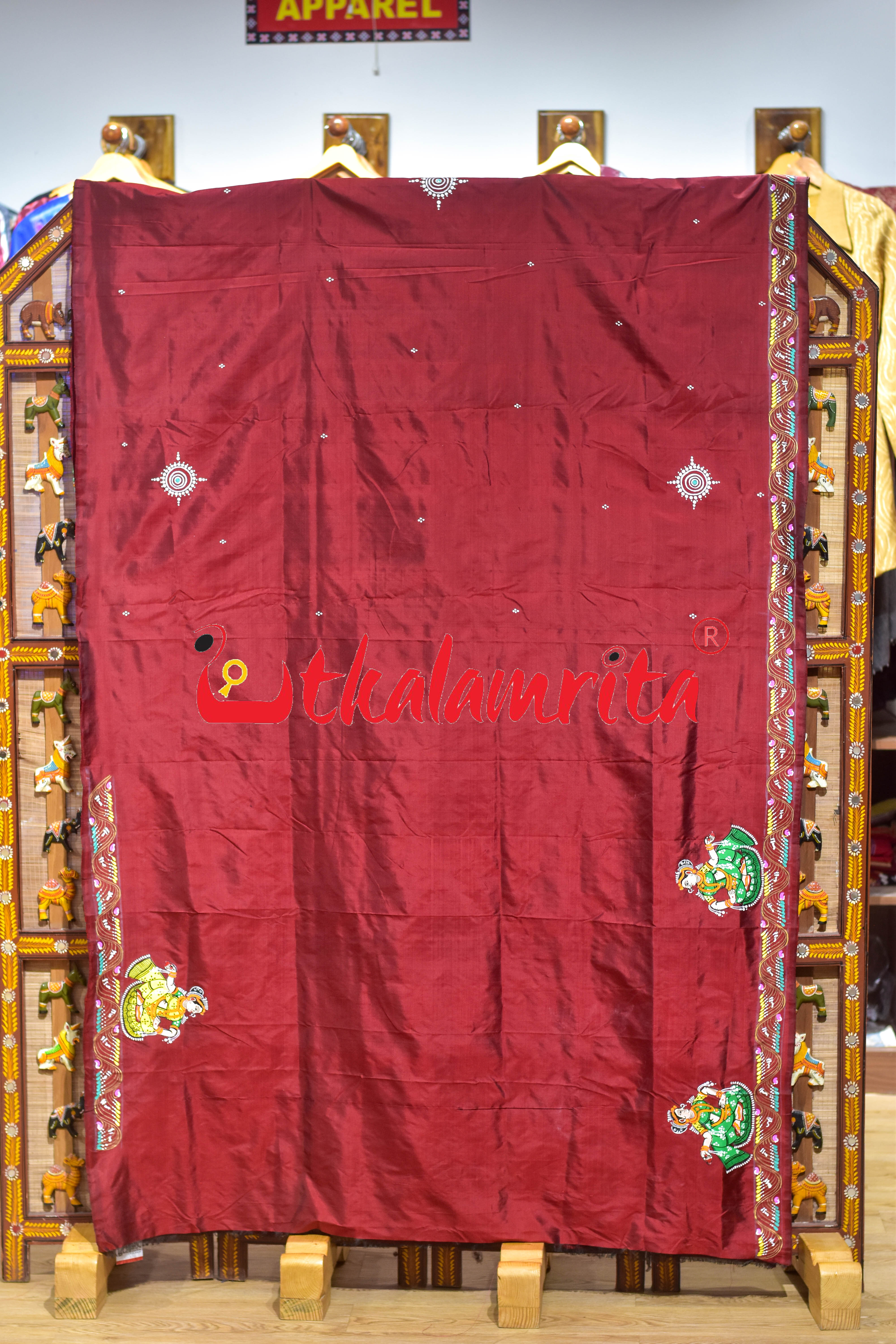 Maroon Double Ghoda Nacha Pattachitra Silk Saree