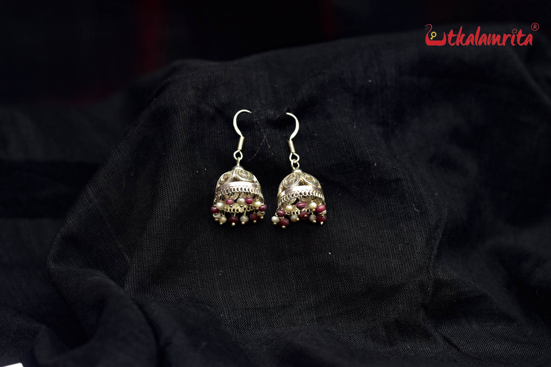 Silver Flower with Maroon and White Beads Jhumka (Danglers)