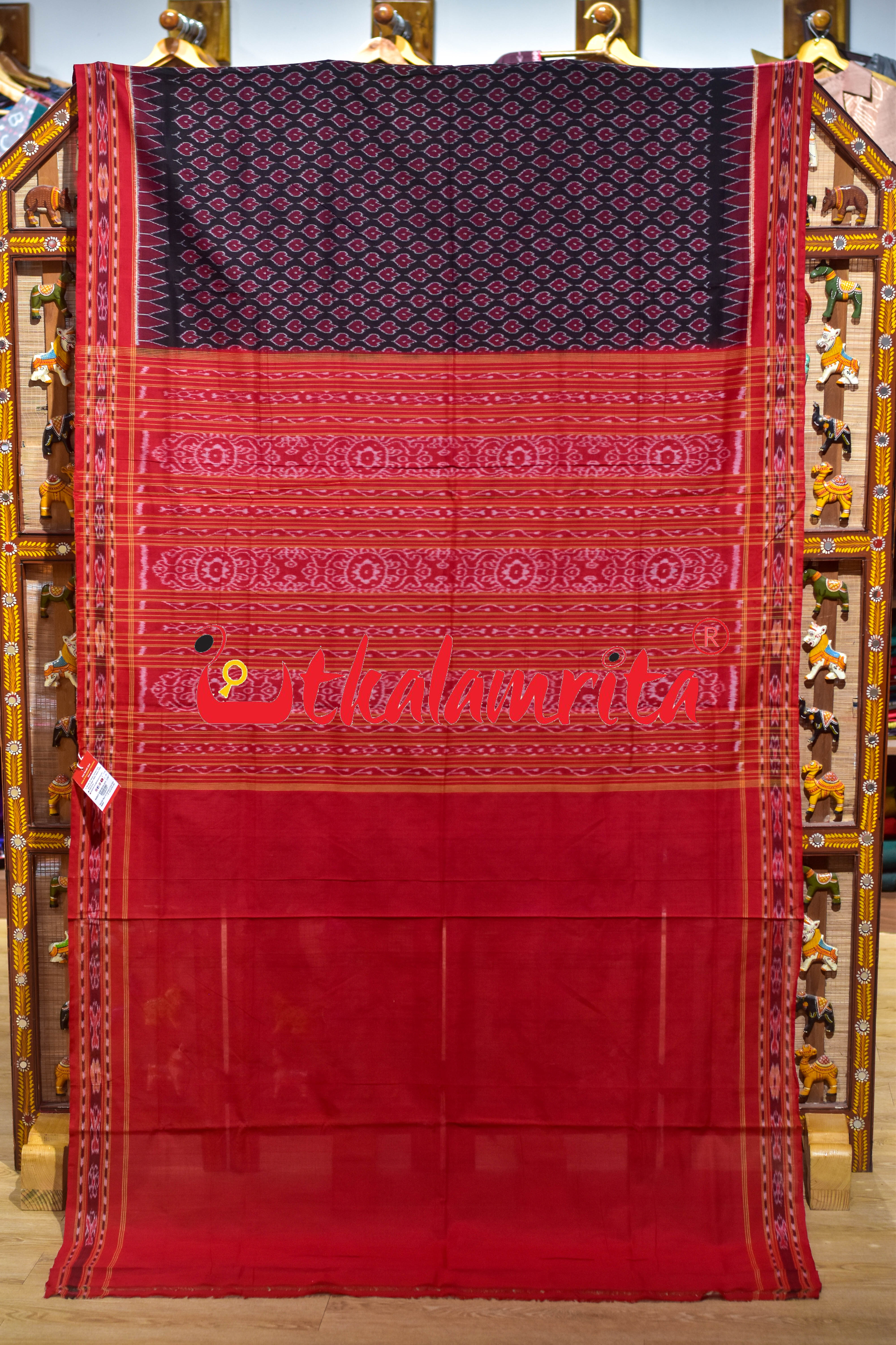 Black Red Maple Leaf Sambalpuri Cotton Saree