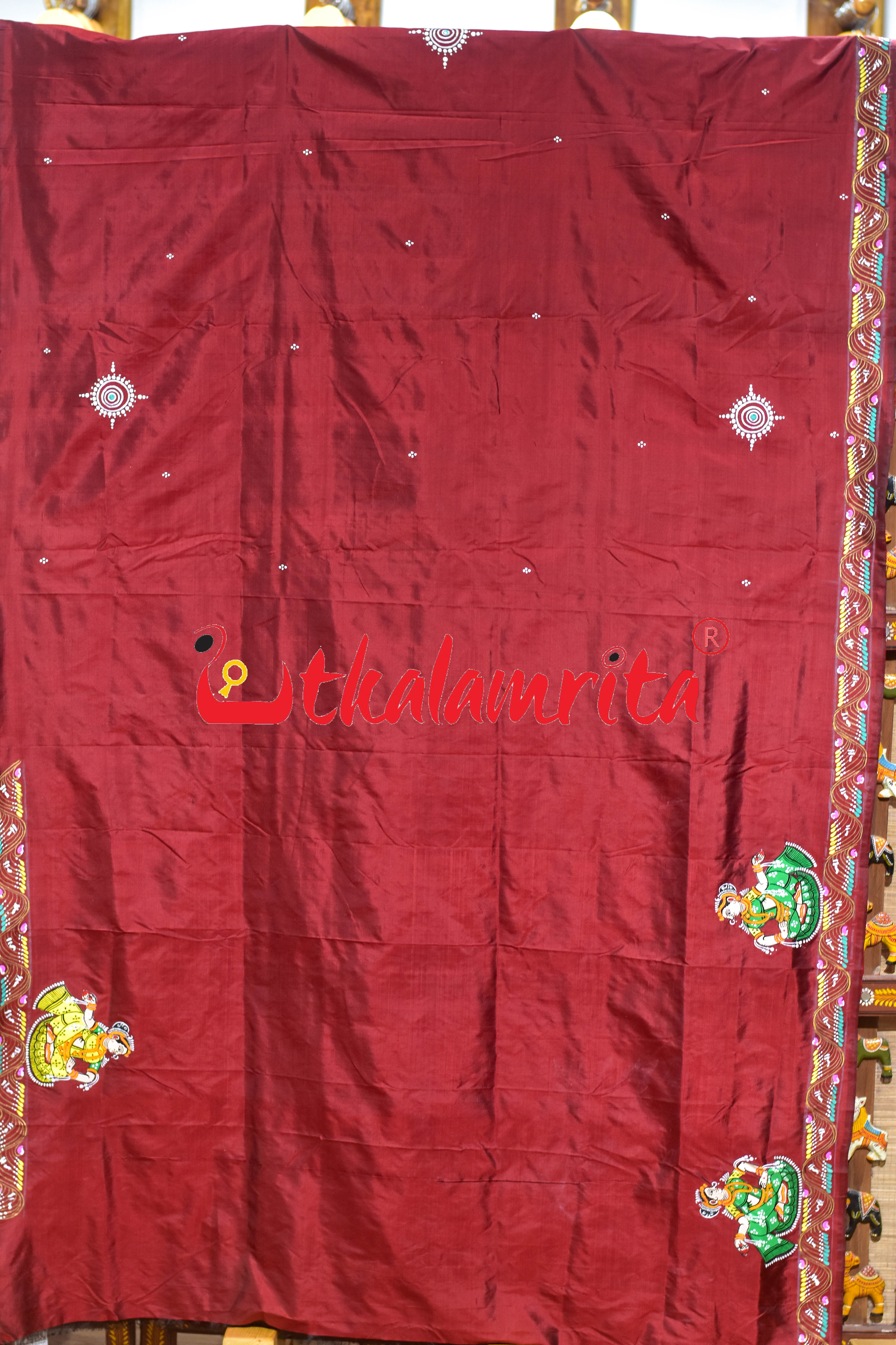 Maroon Double Ghoda Nacha Pattachitra Silk Saree