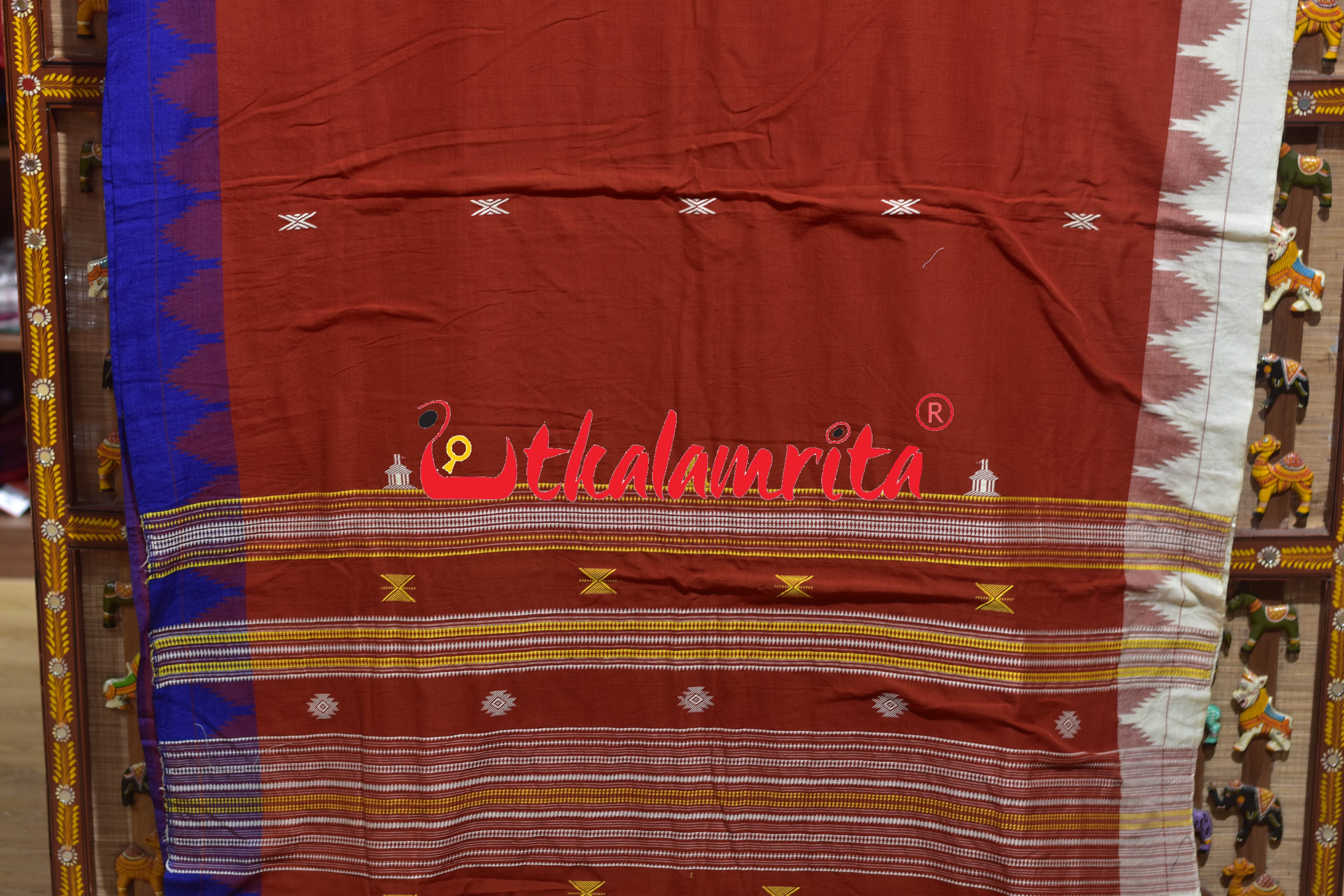 Rust Blue White Temple Border Tussar Kotpad Saree