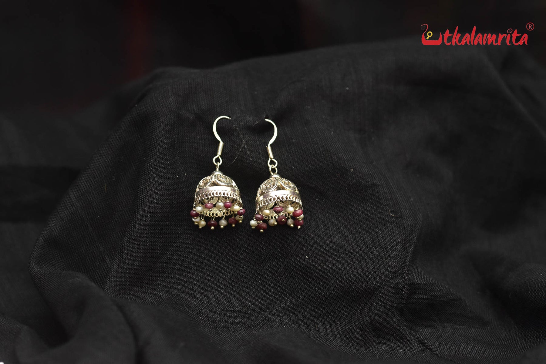 Silver Flower with Maroon and White Beads Jhumka (Danglers)