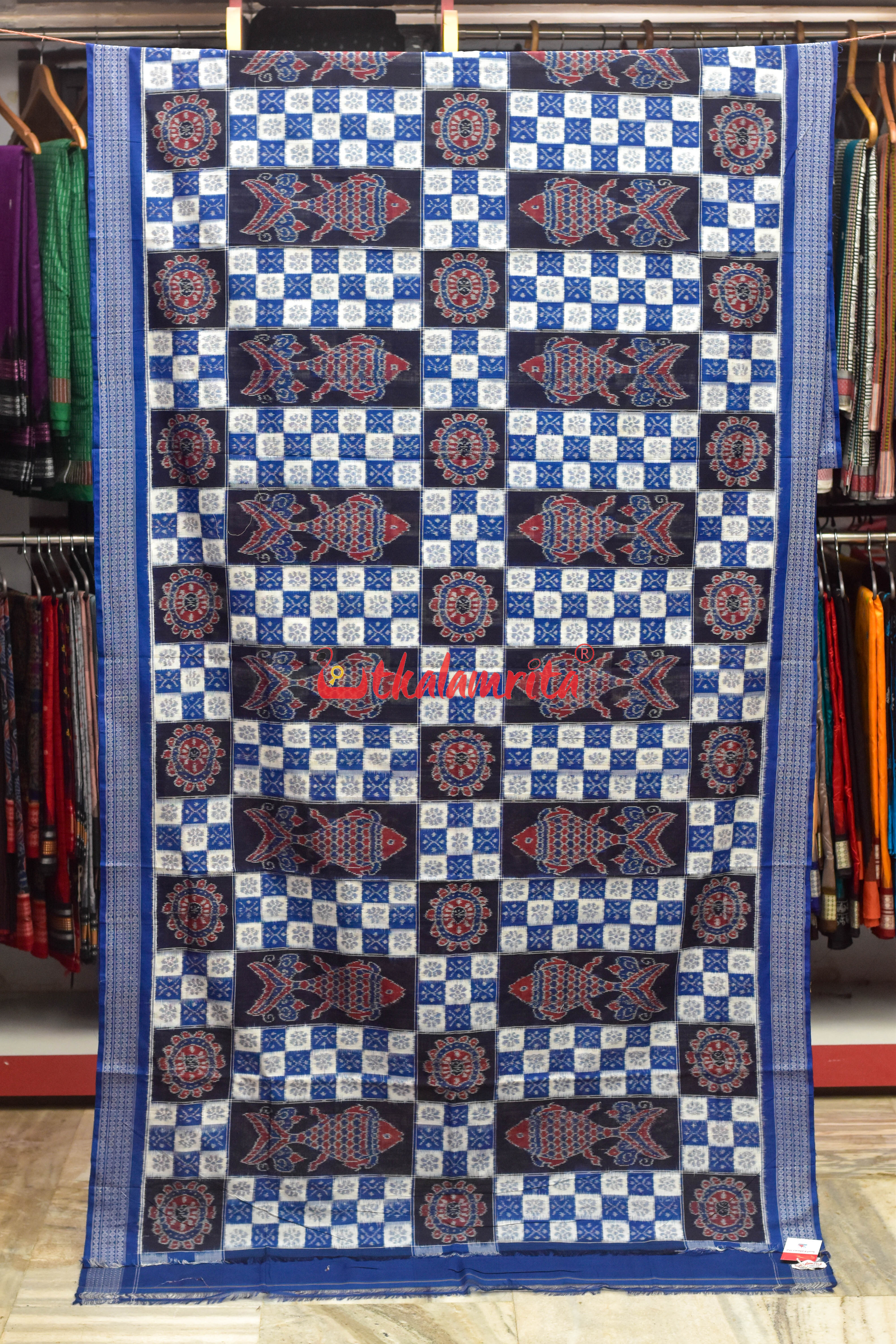 Blue White Fish Sambalpuri Cotton Saree