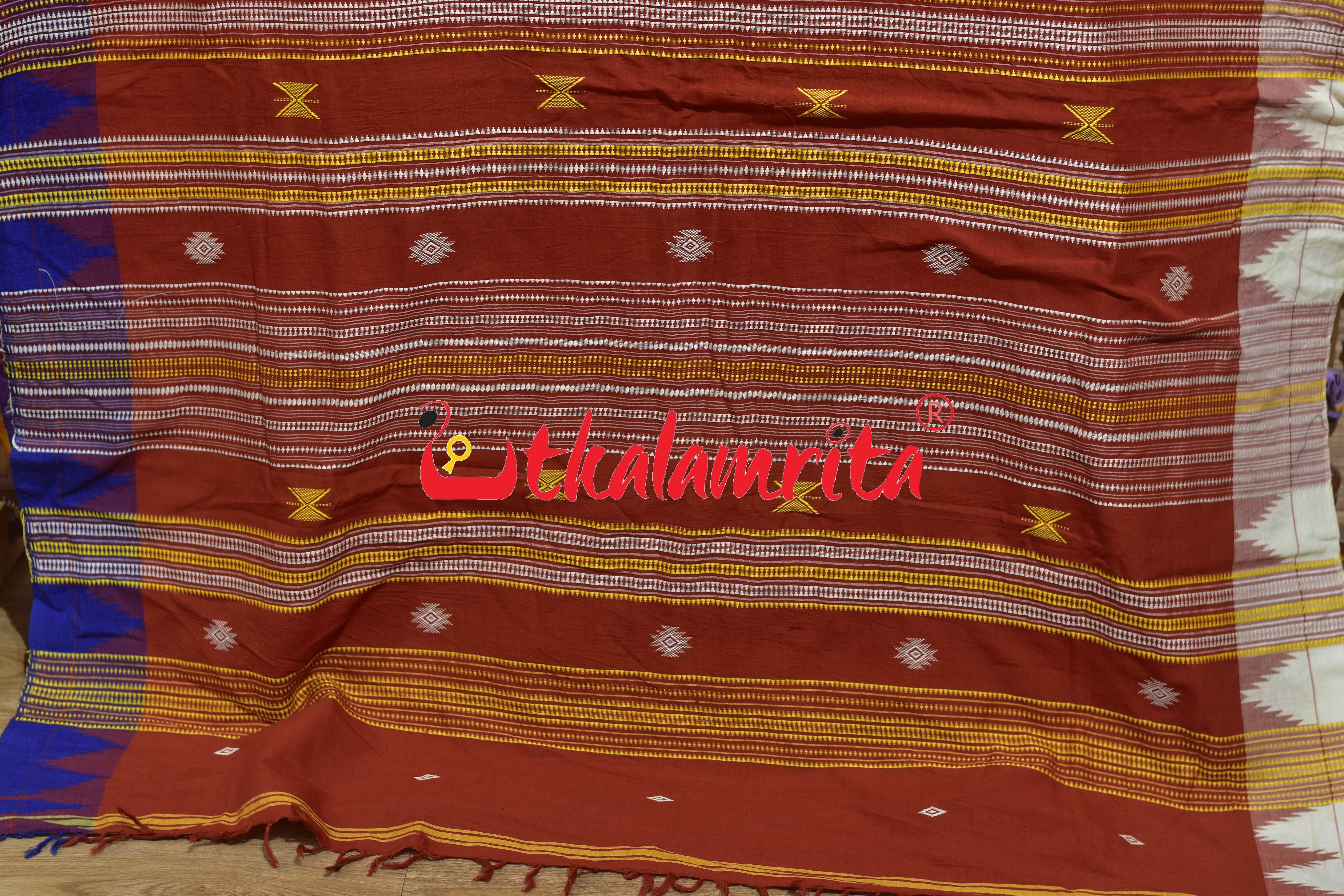 Rust Blue White Temple Border Tussar Kotpad Saree