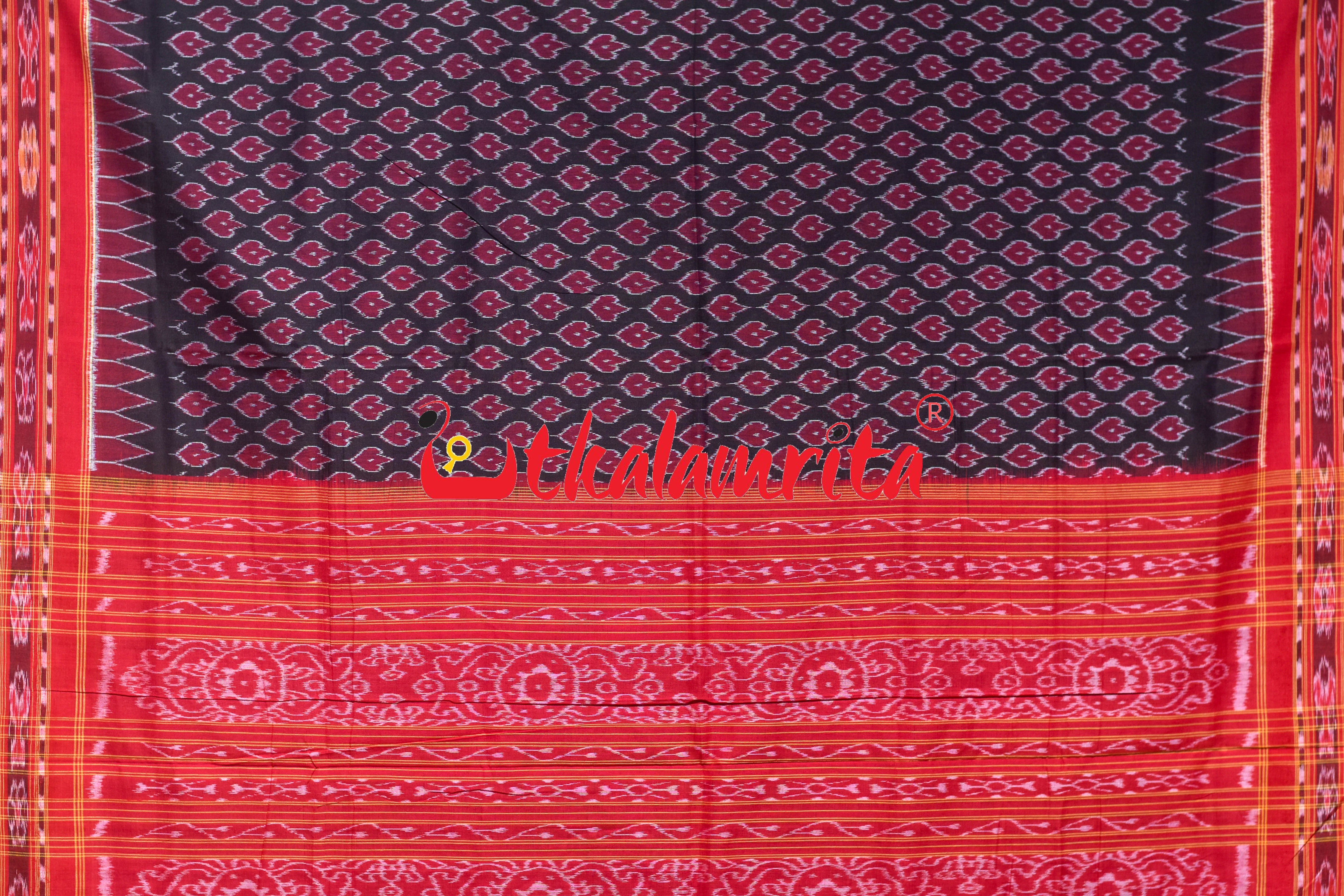 Black Red Maple Leaf Sambalpuri Cotton Saree