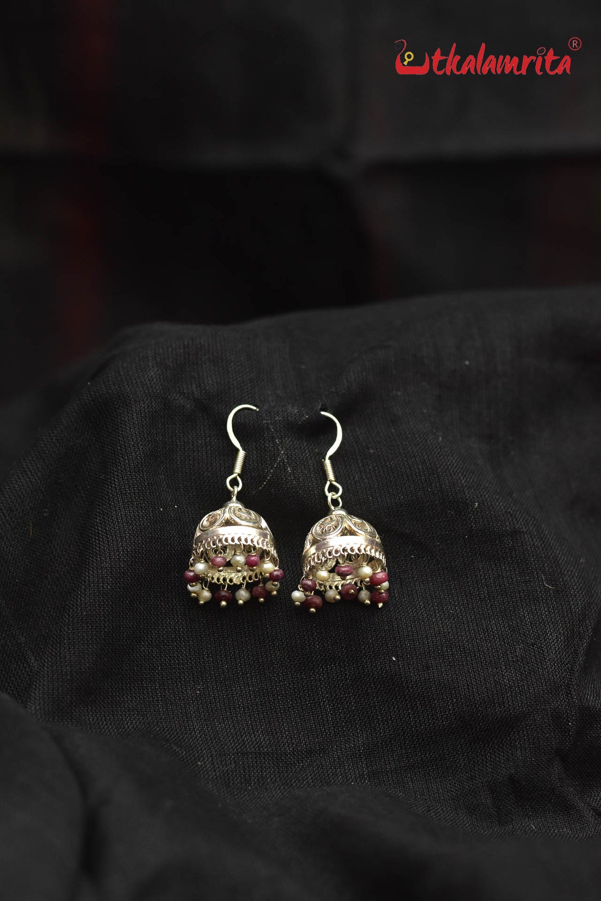 Silver Flower with Maroon and White Beads Jhumka