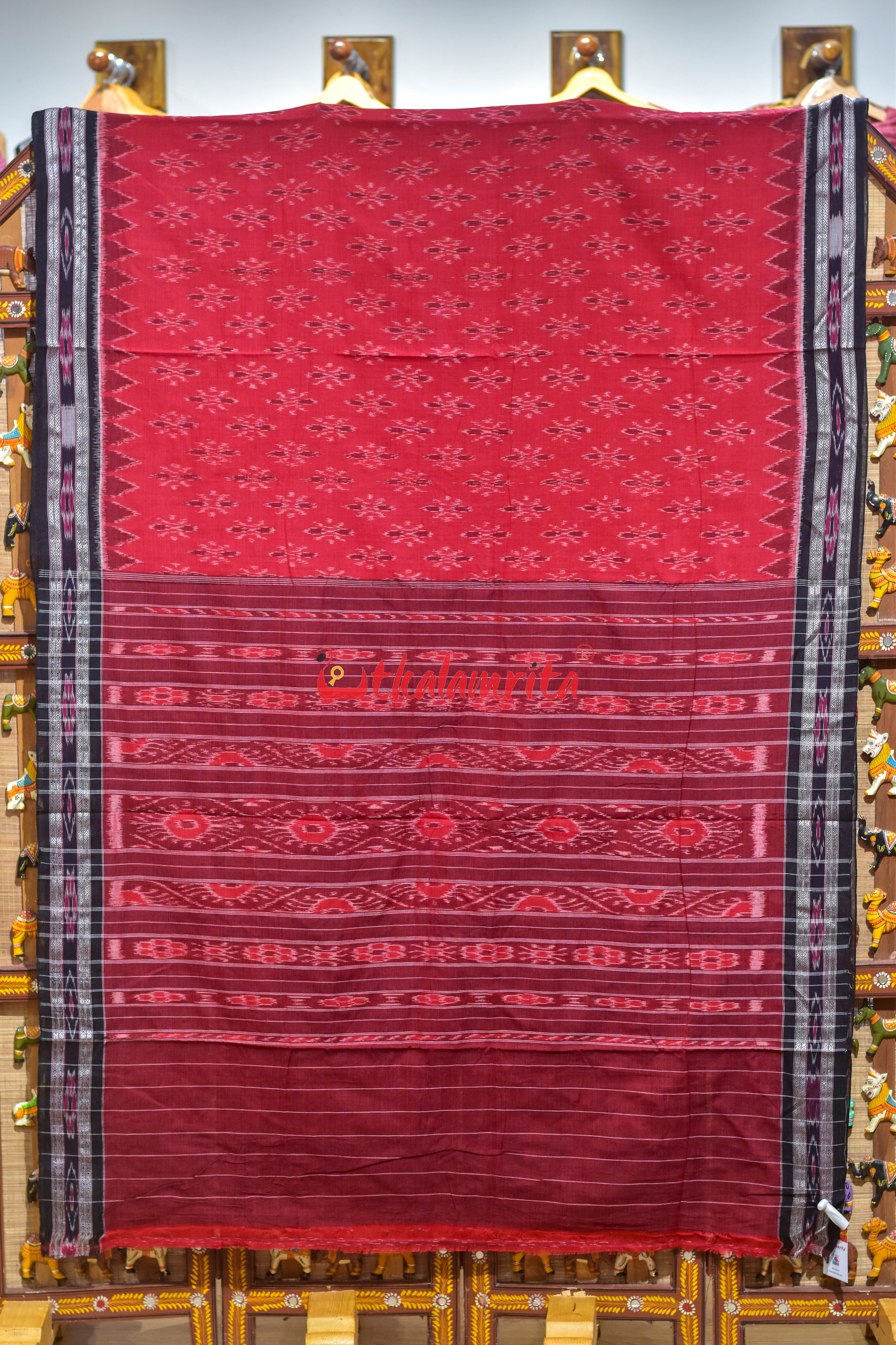 Red Black Damru Khandua Cotton Saree