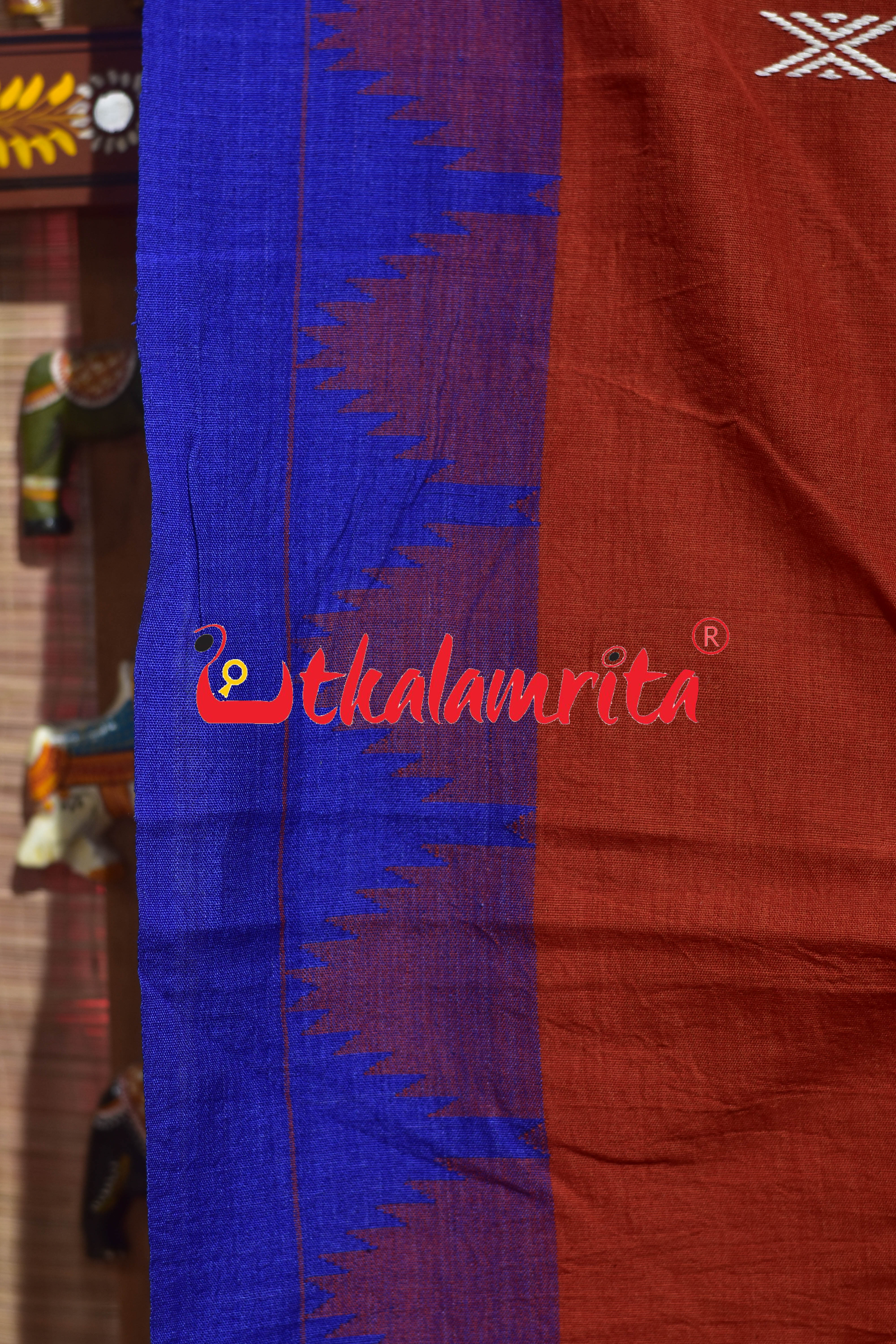 Rust Blue White Temple Border Tussar Kotpad Saree