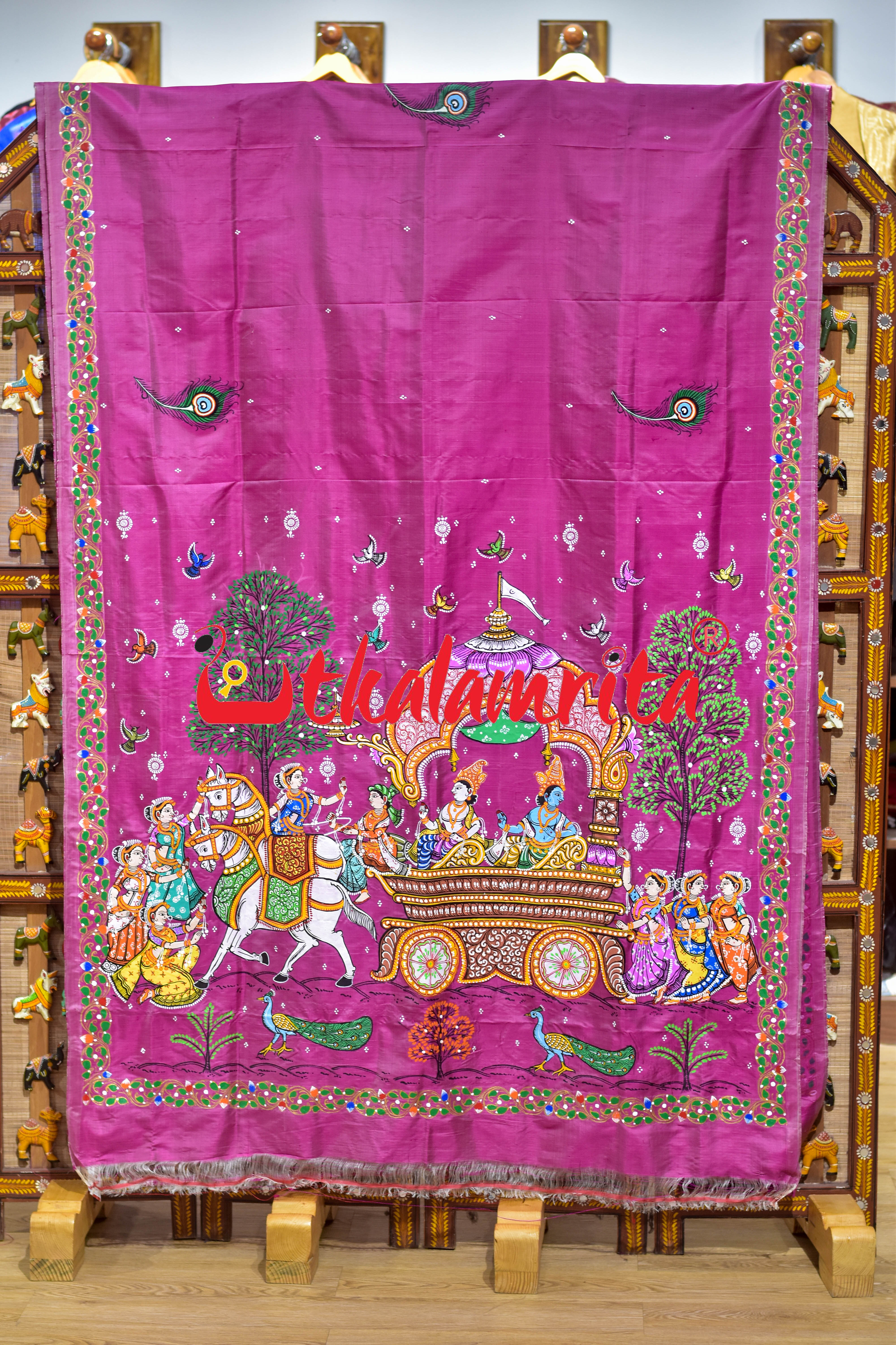 Mathura Bijaya Pink Pattachitra Silk Saree