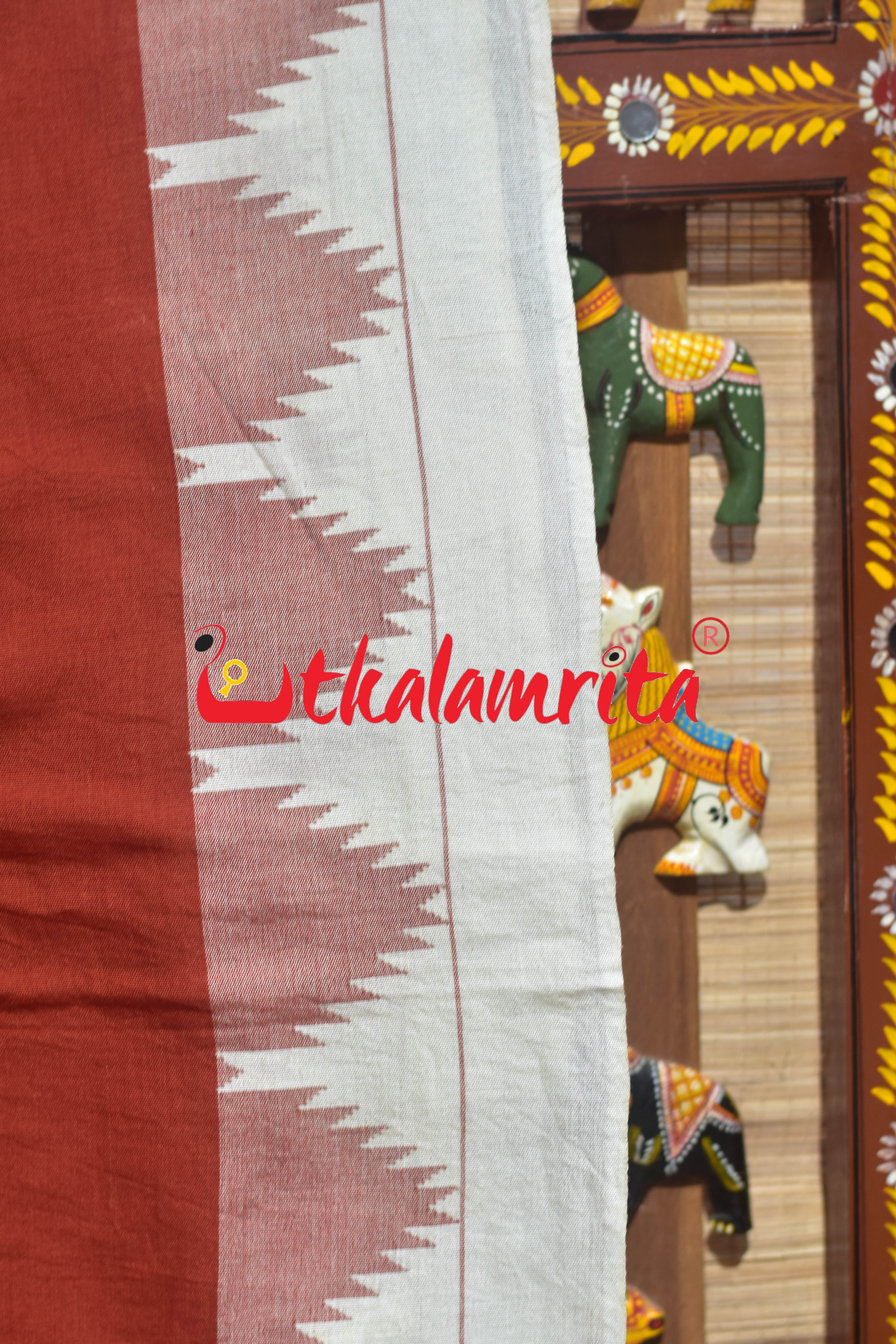 Rust Blue White Temple Border Tussar Kotpad Saree