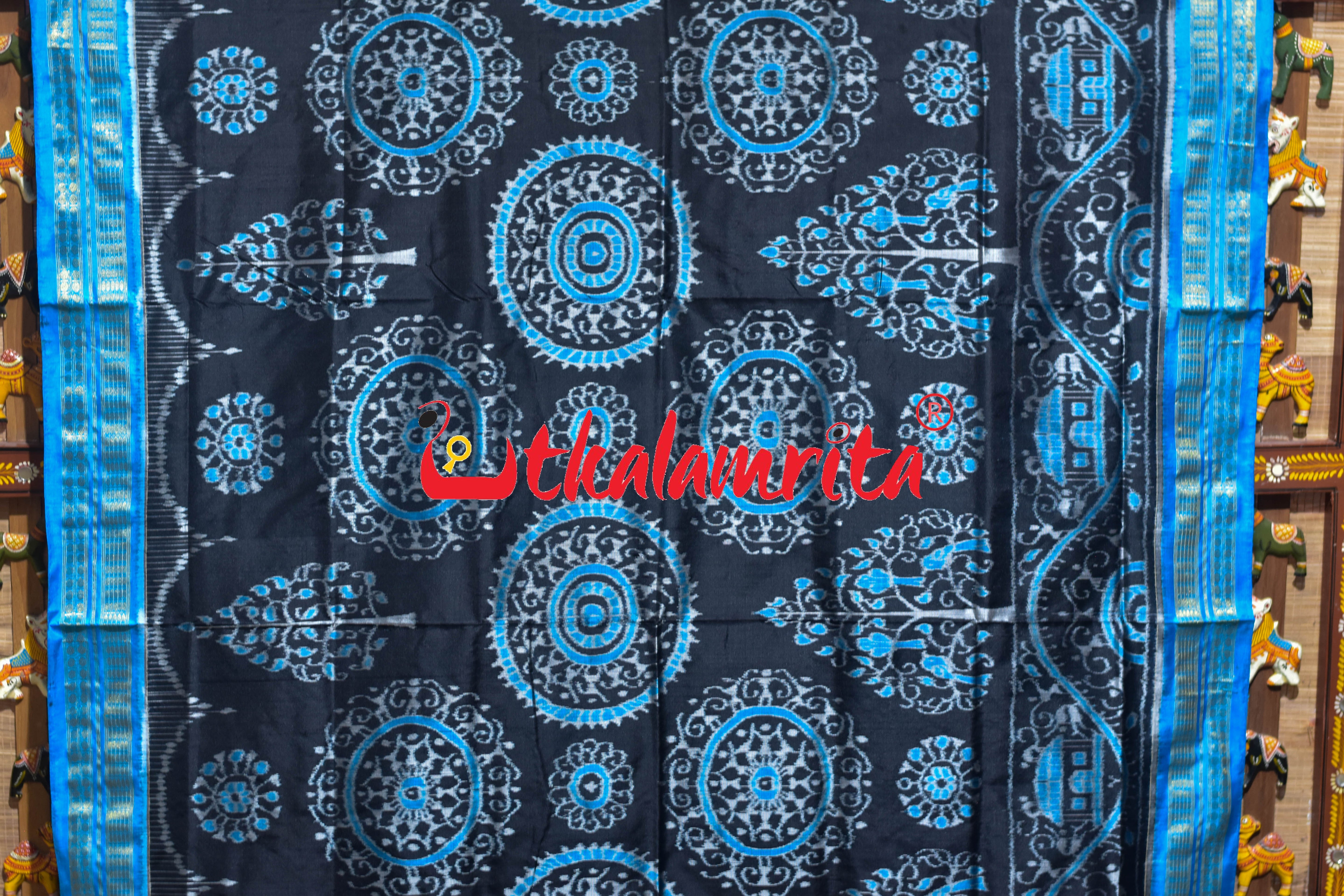 Black Blue Round Tribal Half Tissue Sambalpuri Silk Saree