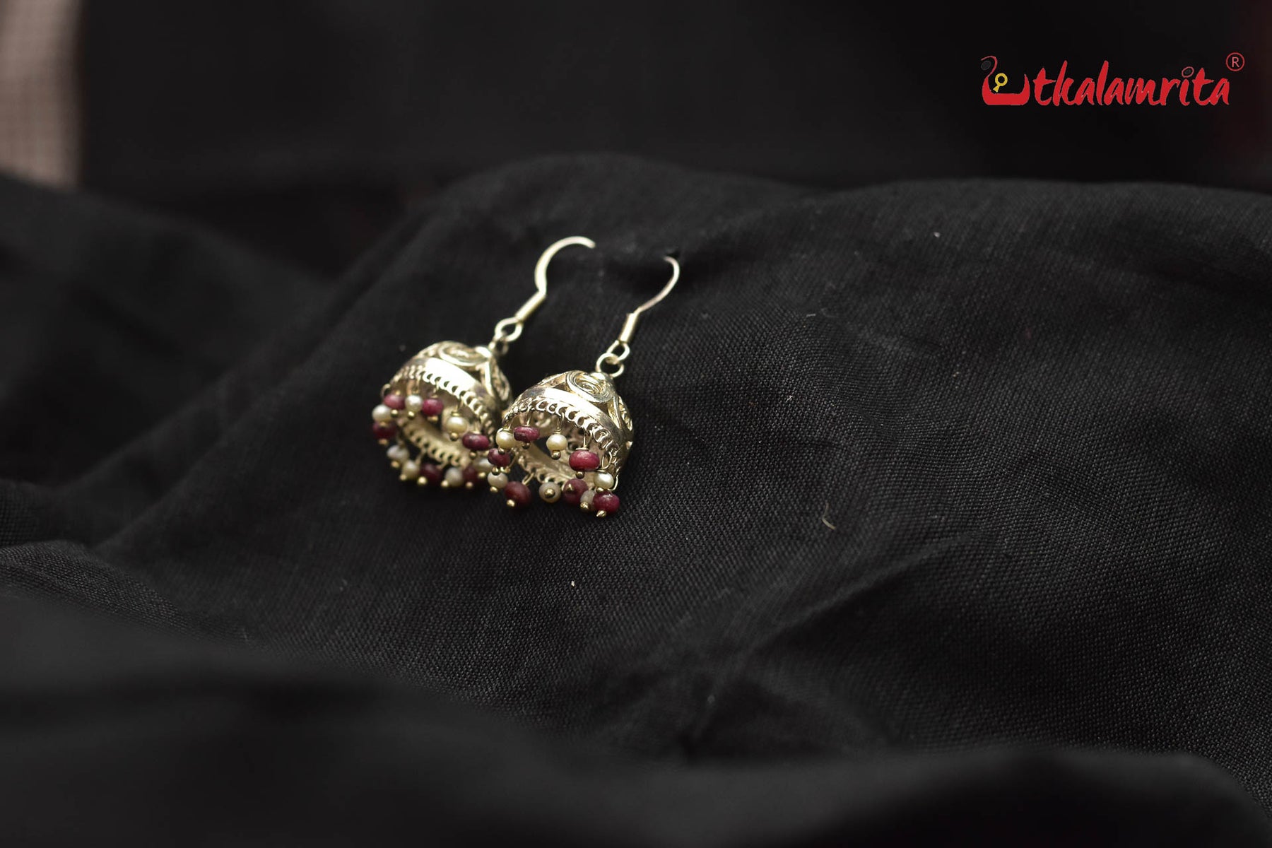 Silver Flower with Maroon and White Beads Jhumka (Danglers)