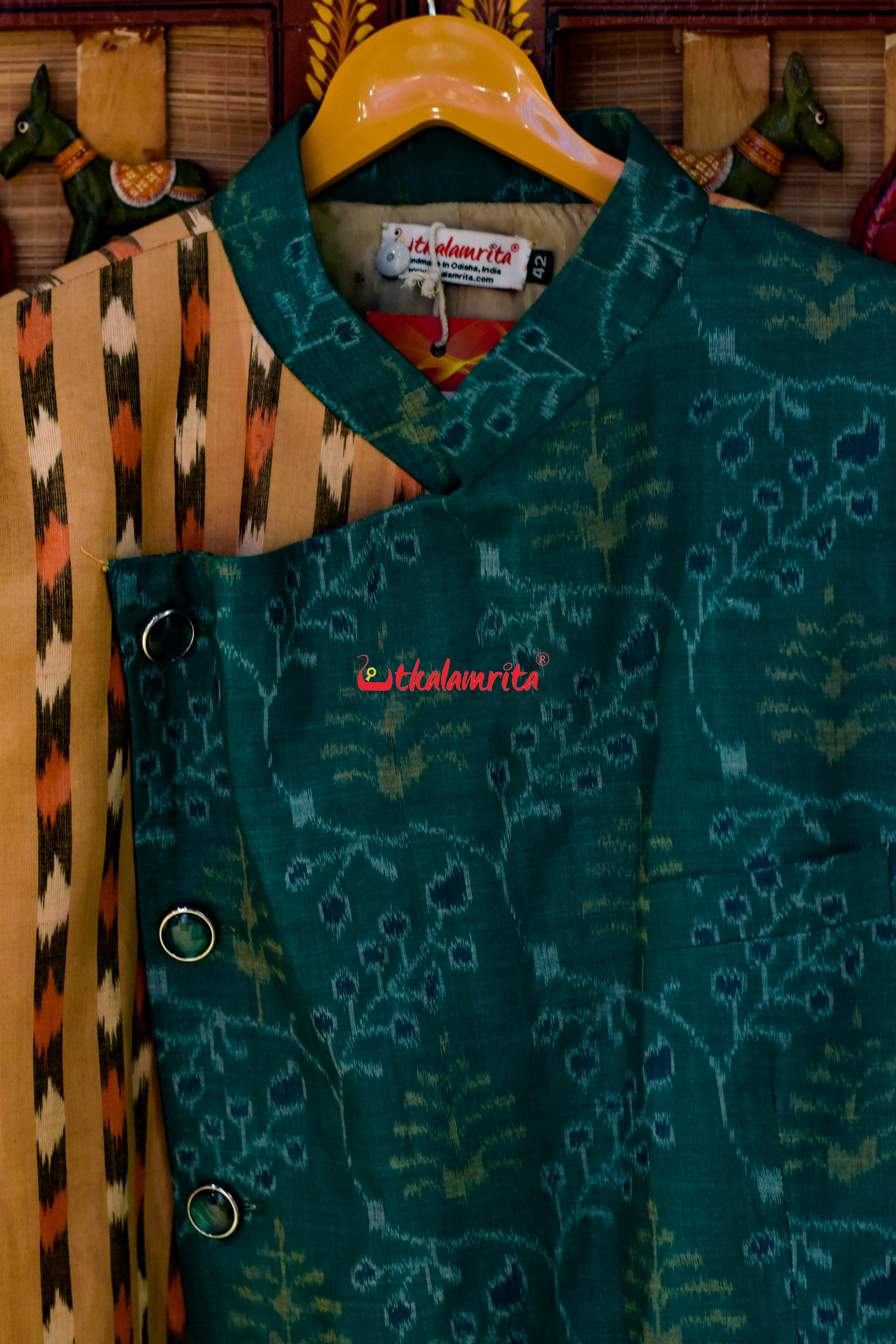 Green Lata Patra with Matha Dots Designer Asymmetric (Men's Blazer)