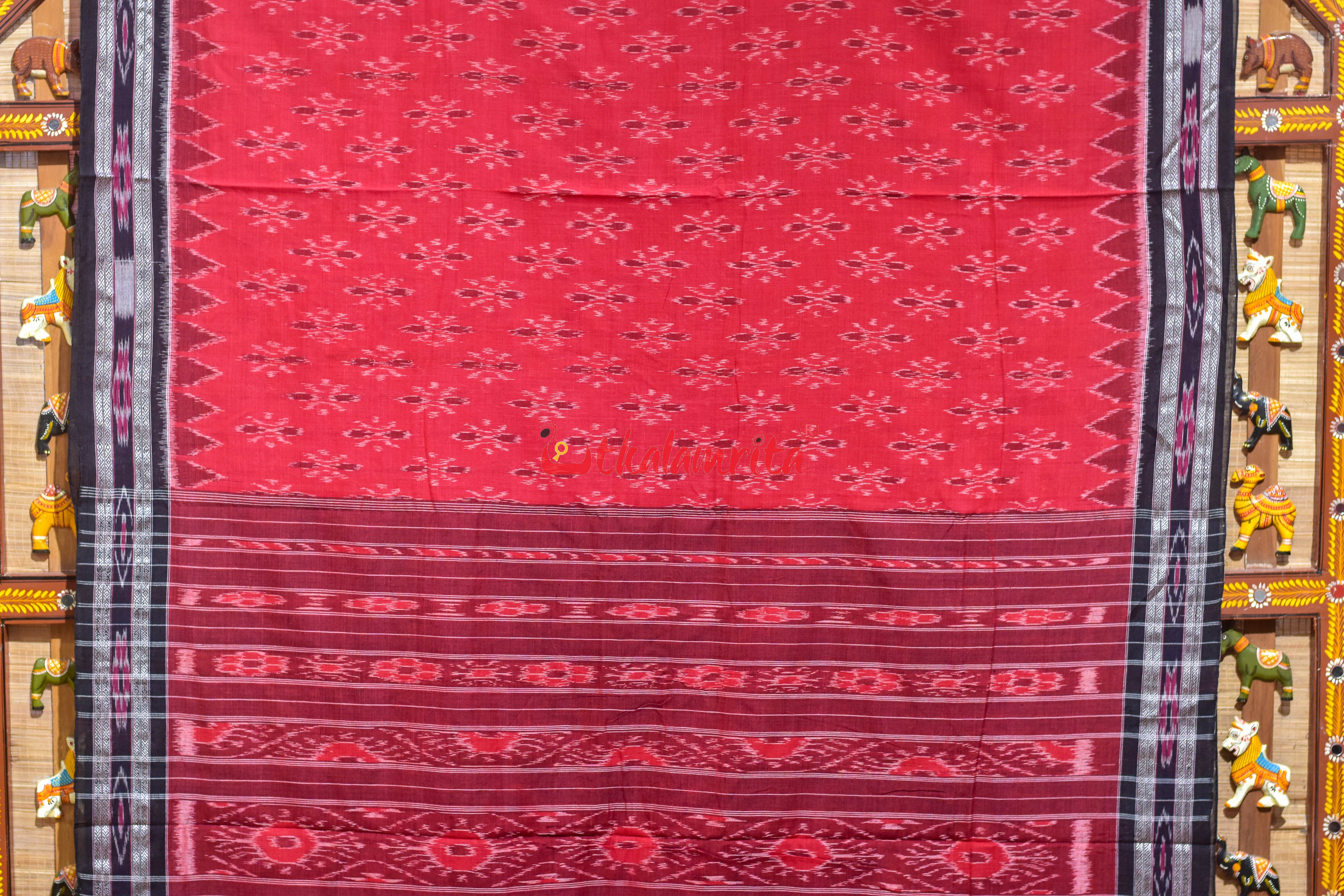 Red Black Damru Khandua Cotton Saree