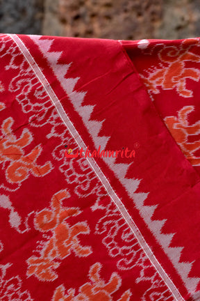 Lion Border Brown Red Sambalpuri Cotton Saree