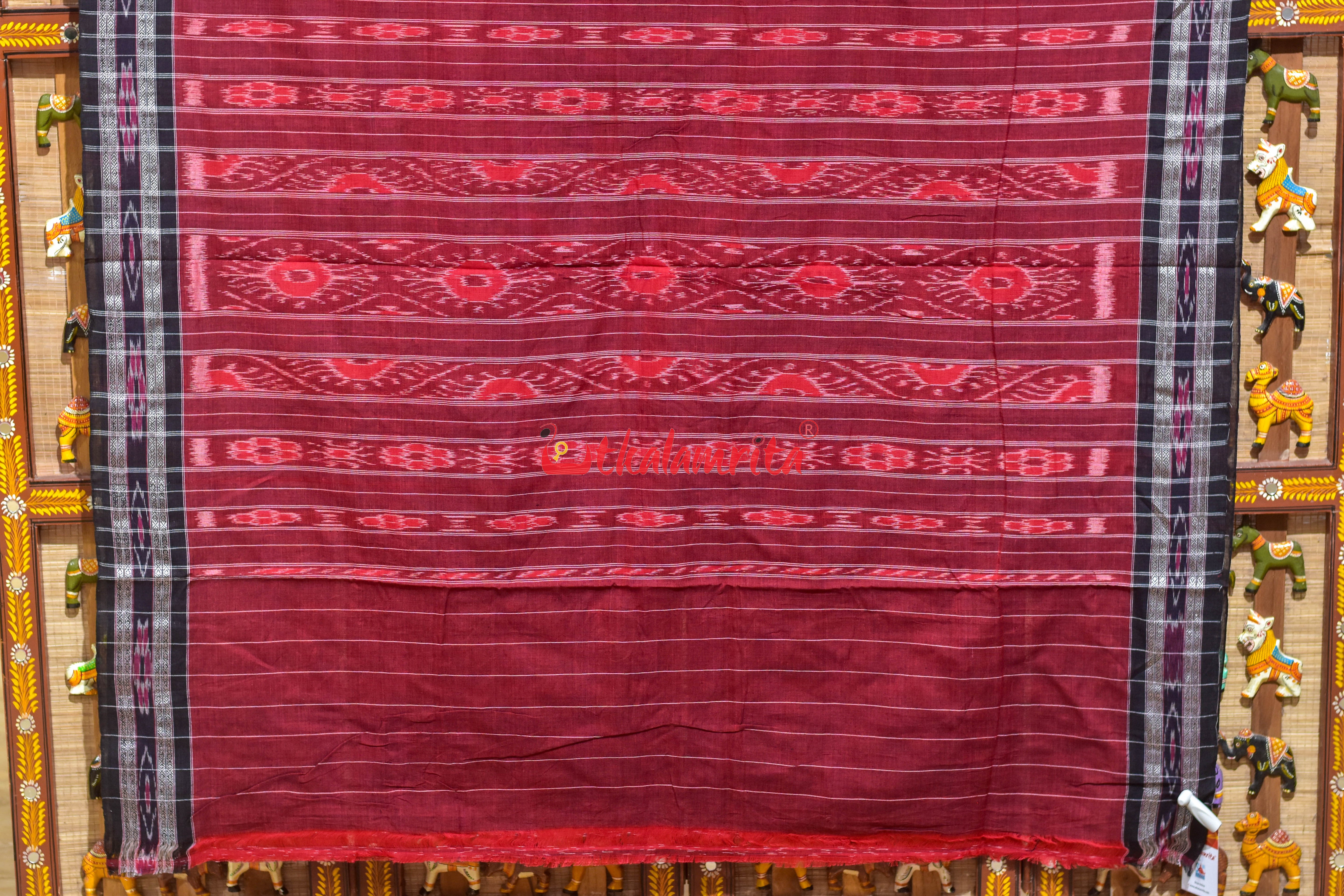 Red Black Damru Khandua Cotton Saree
