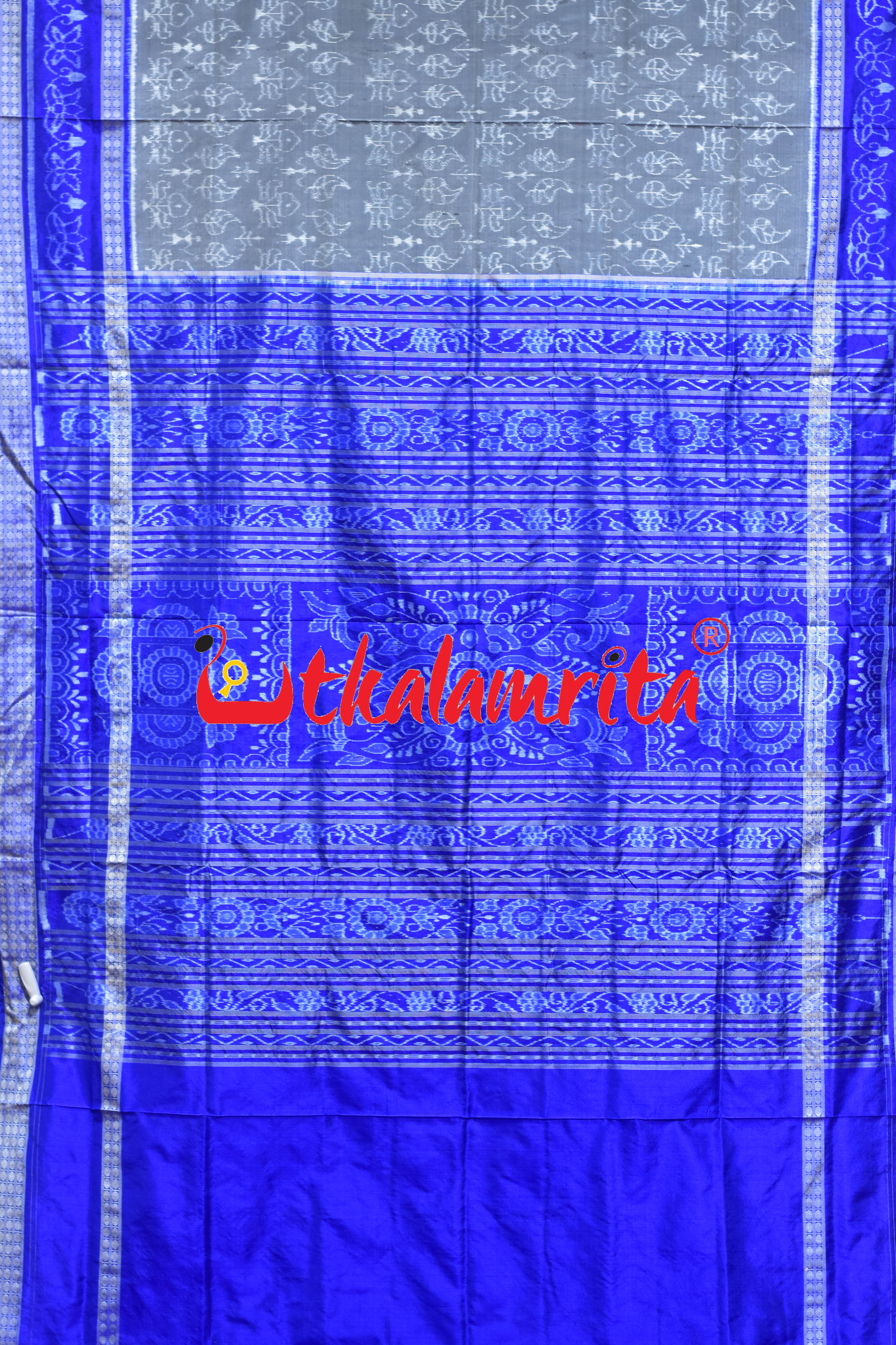 Grey Blue Leaf Lotus Sambalpuri Silk Saree