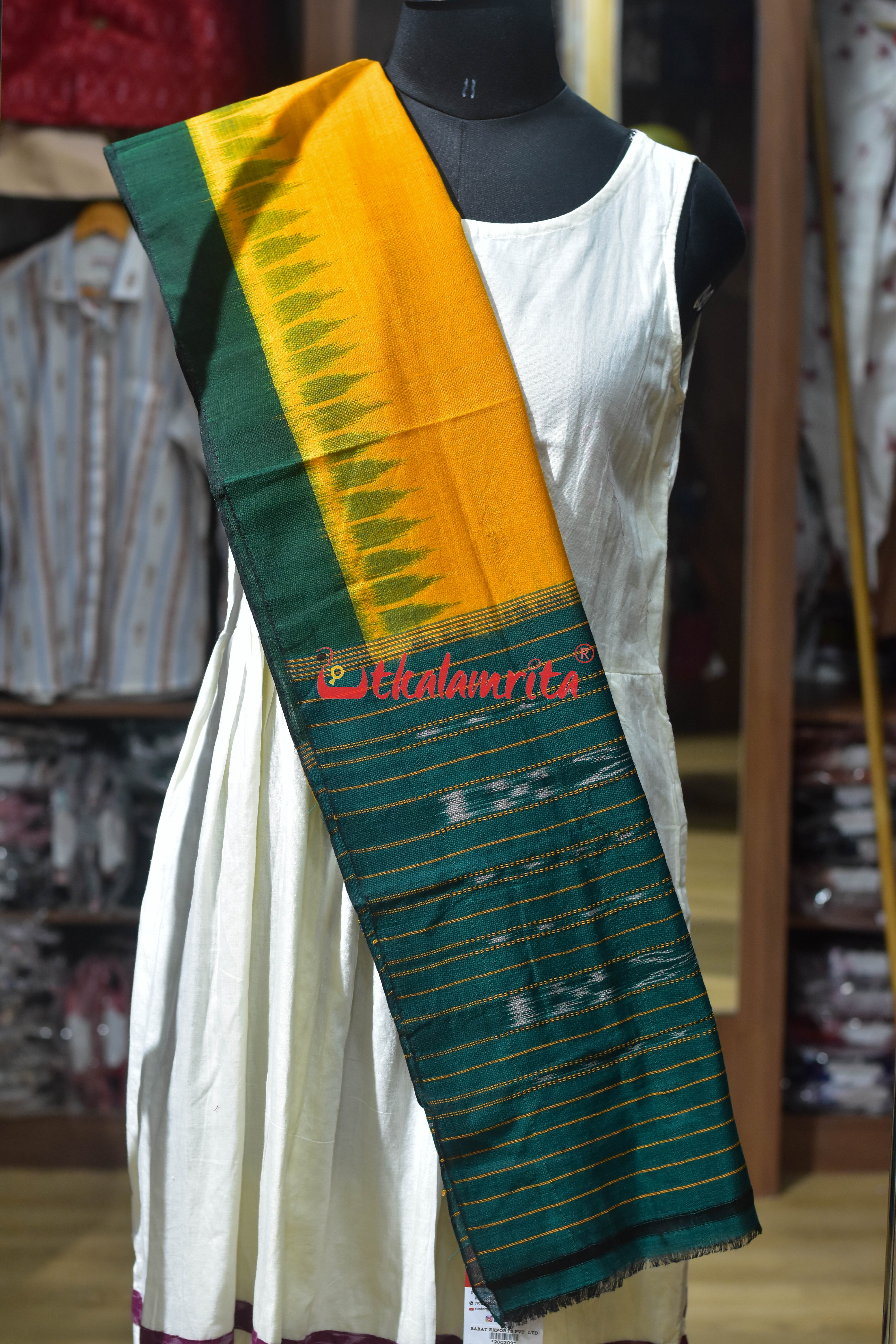 Mustard Yellow Green Khandua Cotton (Dupatta)