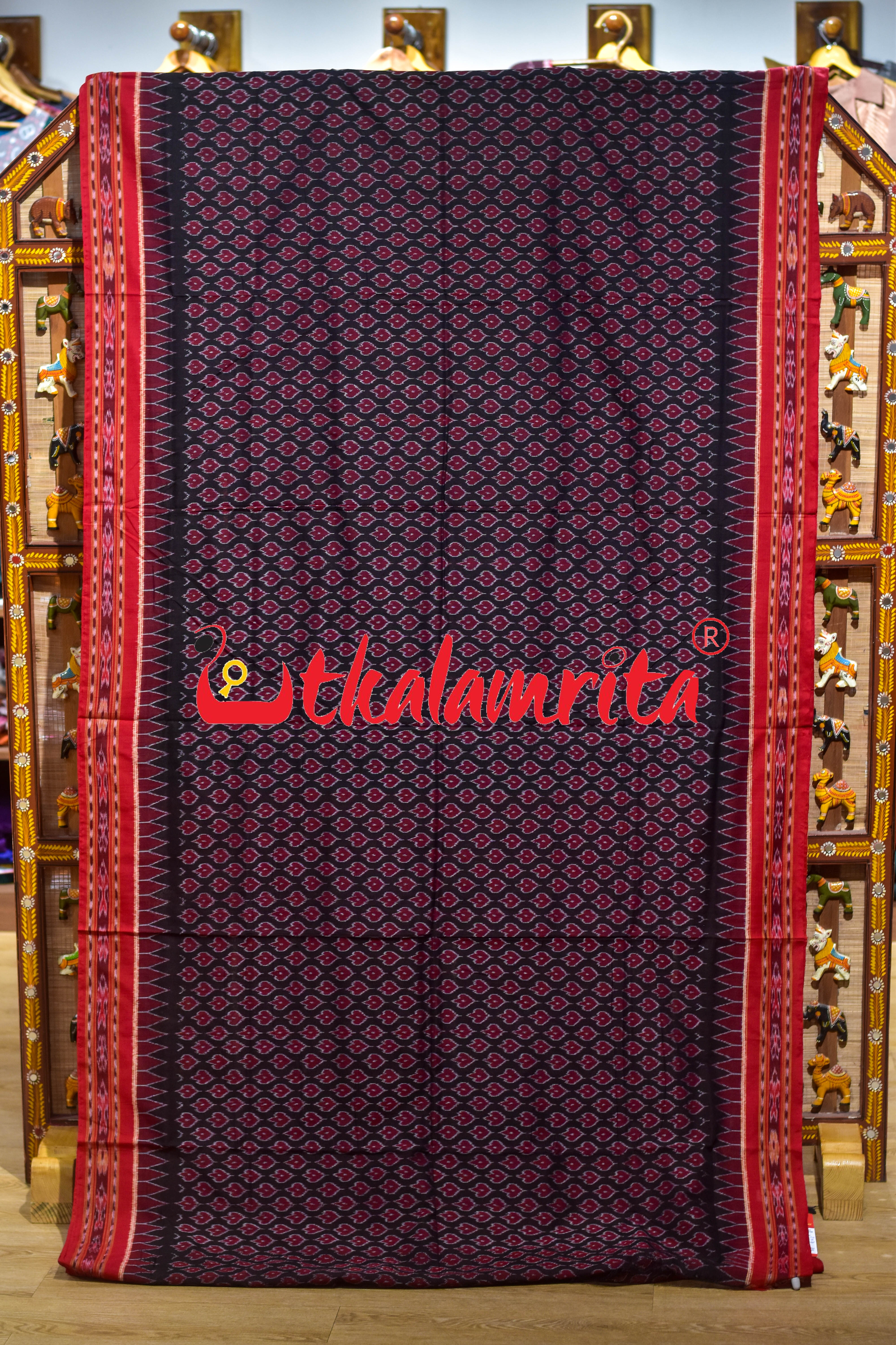 Black Red Maple Leaf Sambalpuri Cotton Saree