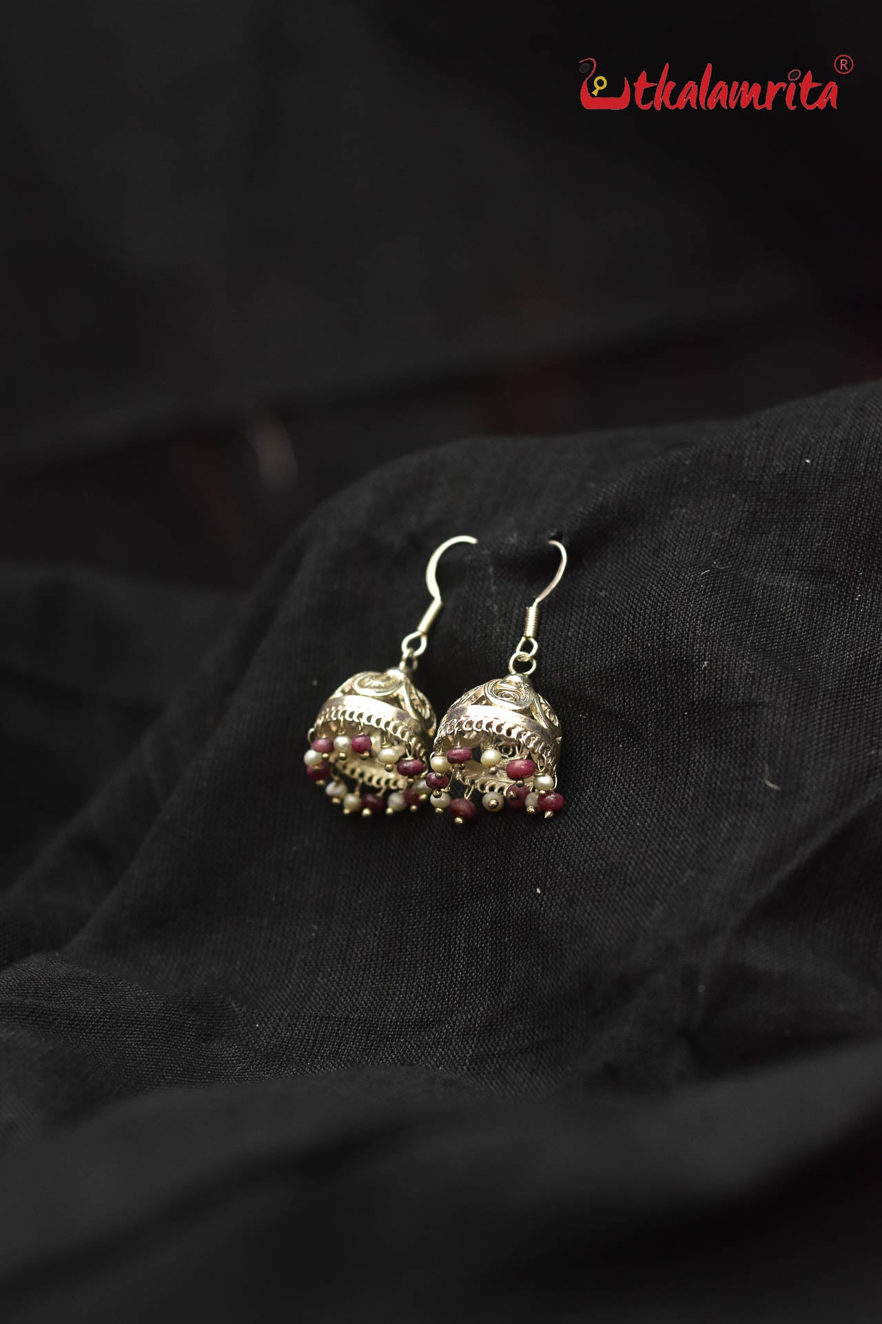 Silver Flower with Maroon and White Beads Jhumka (Danglers)