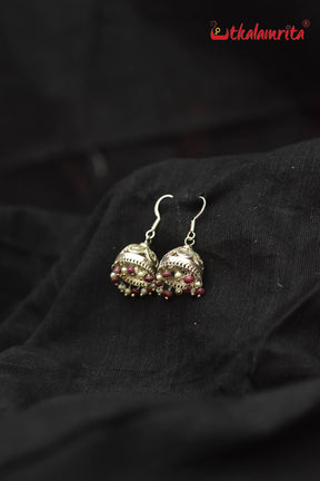 Silver Flower with Maroon and White Beads Jhumka (Danglers)