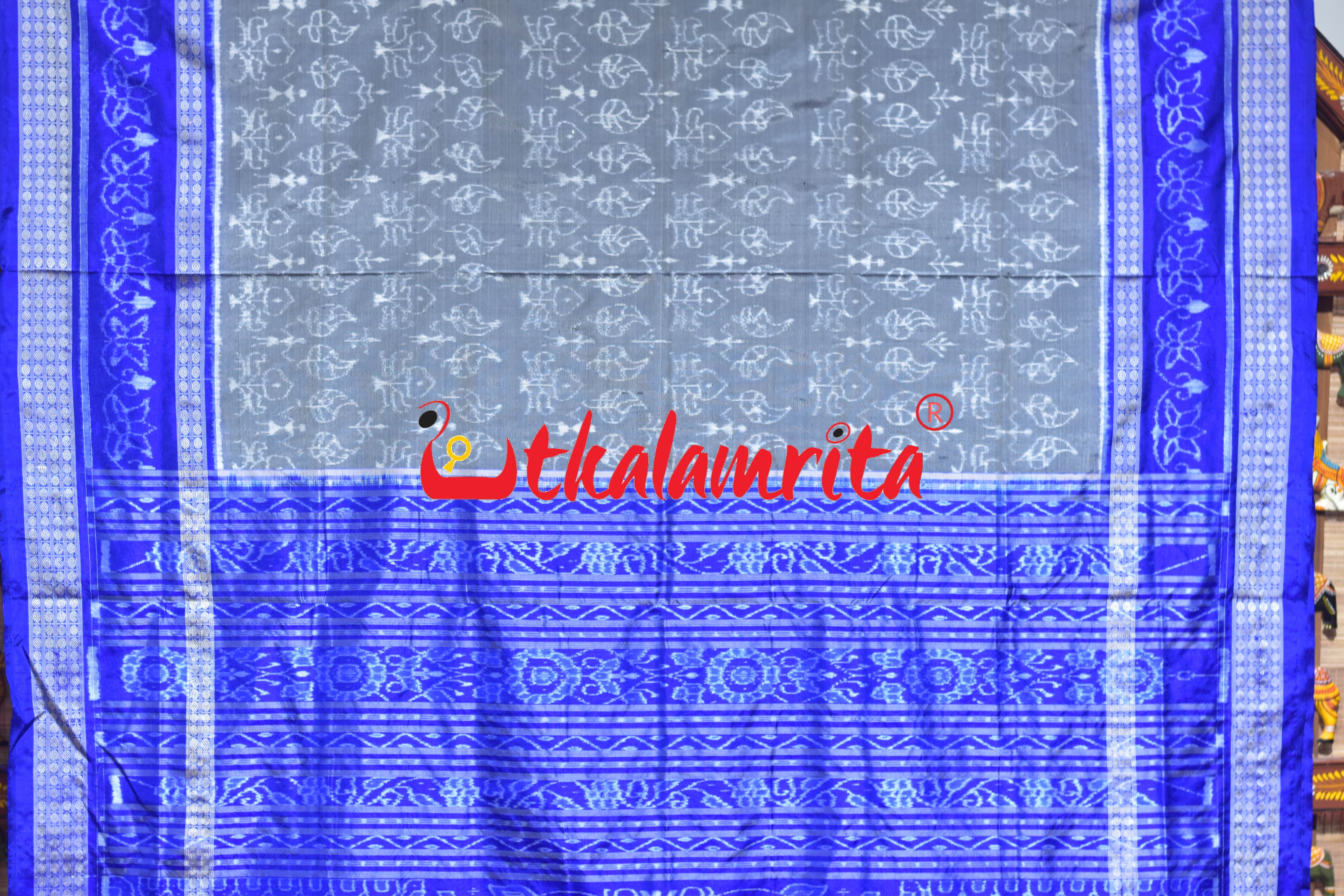 Grey Blue Leaf Lotus Sambalpuri Silk Saree