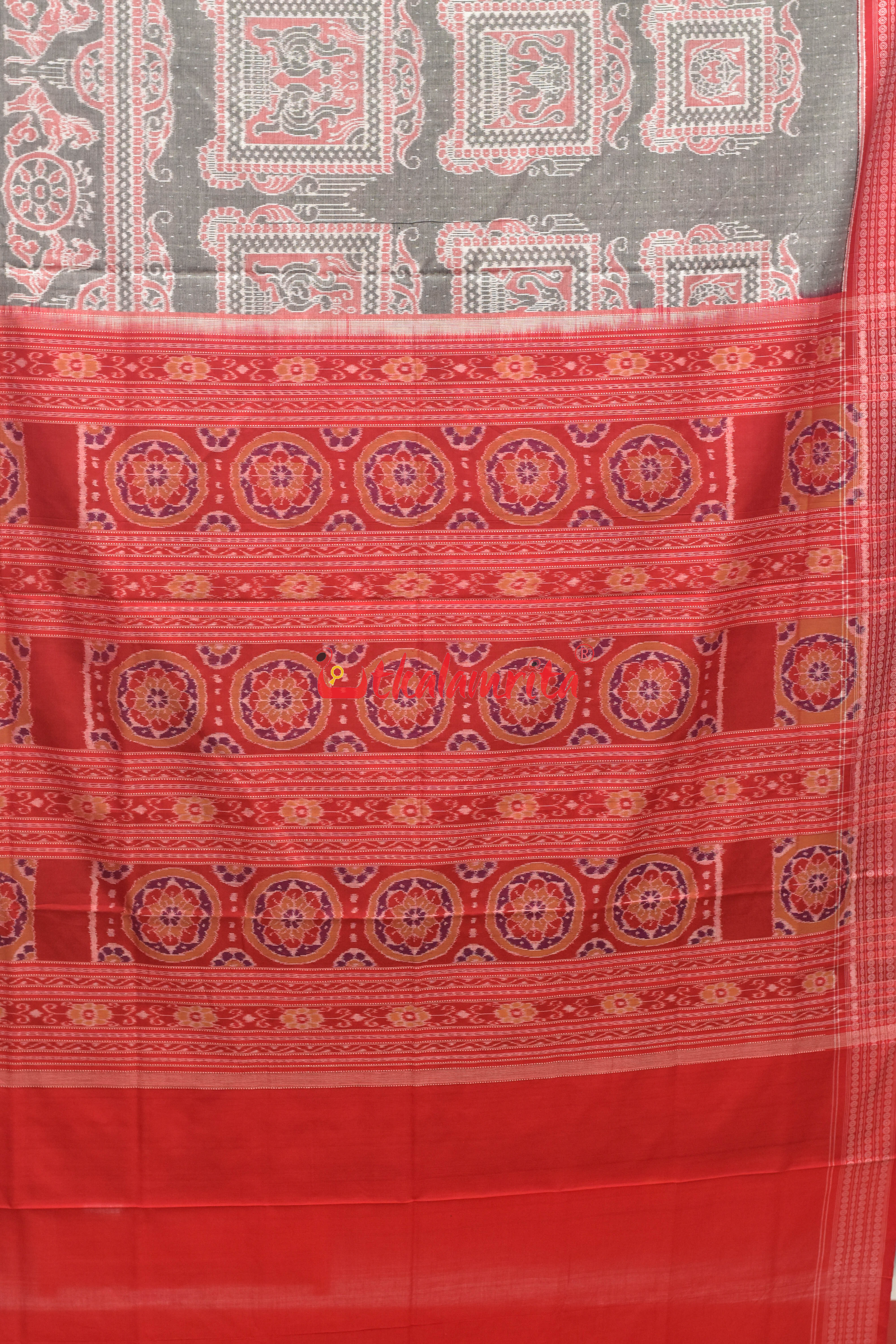Lion Border Grey Red Sambalpuri Cotton Saree