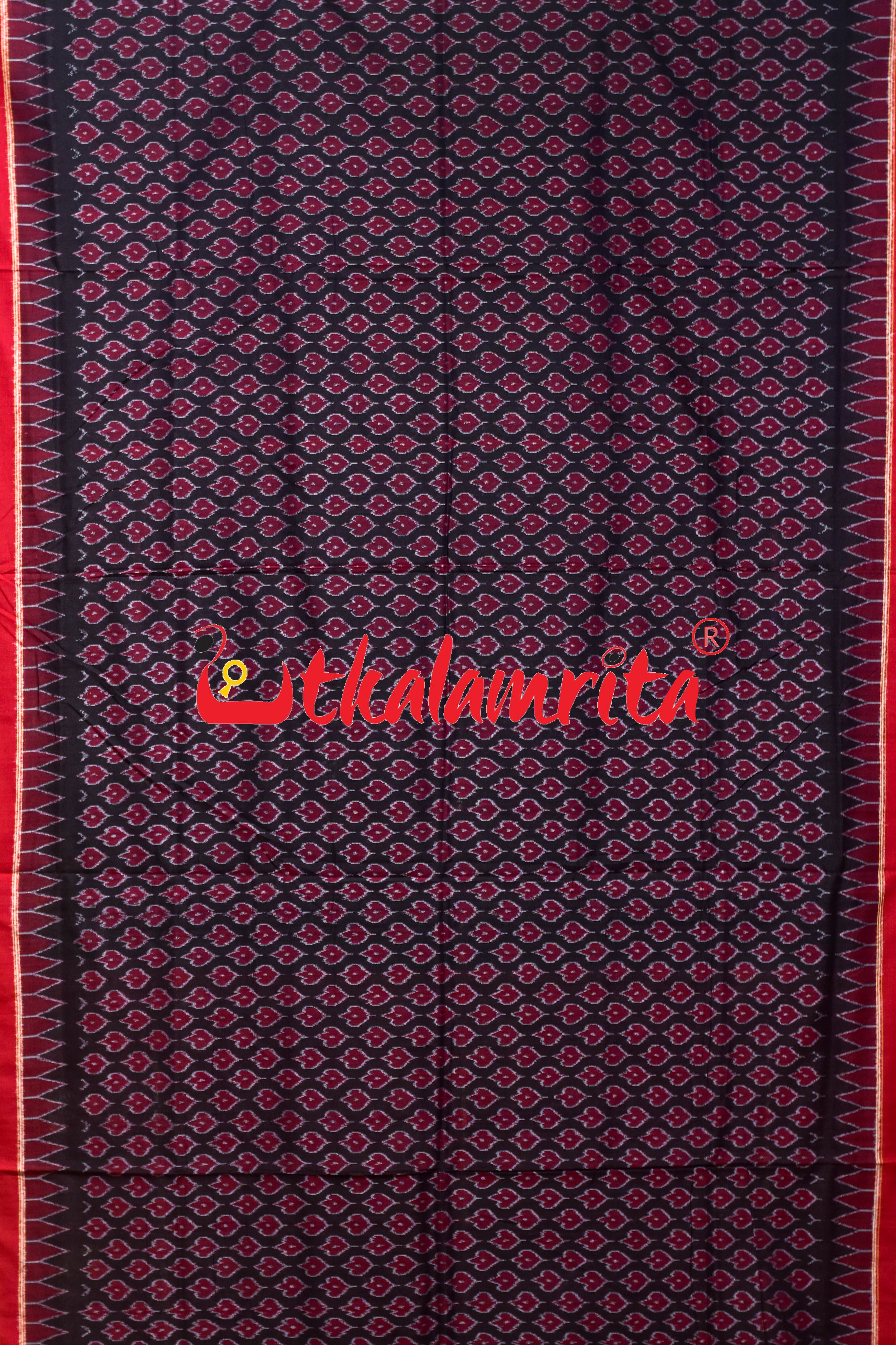 Black Red Maple Leaf Sambalpuri Cotton Saree