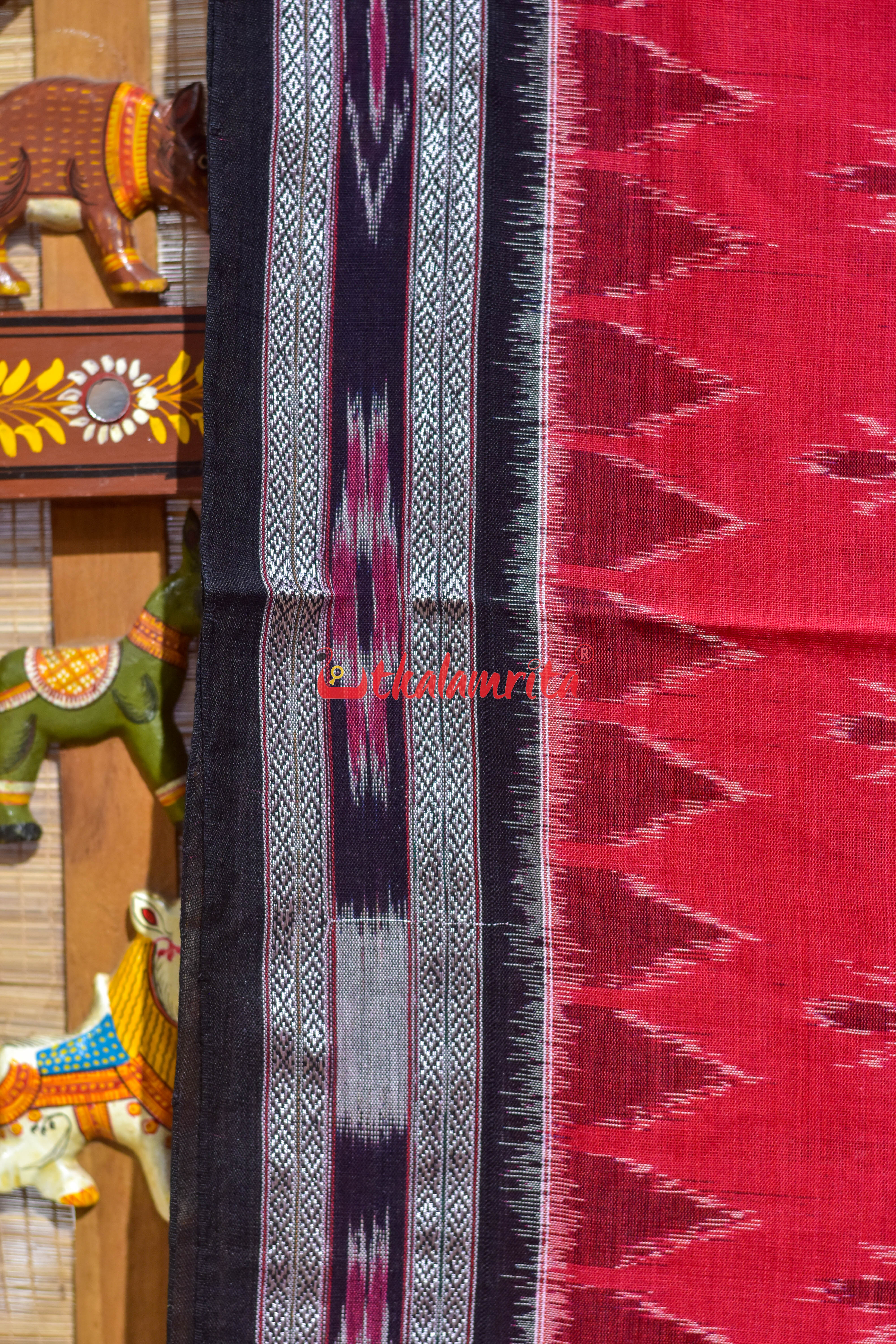 Red Black Damru Khandua Cotton Saree